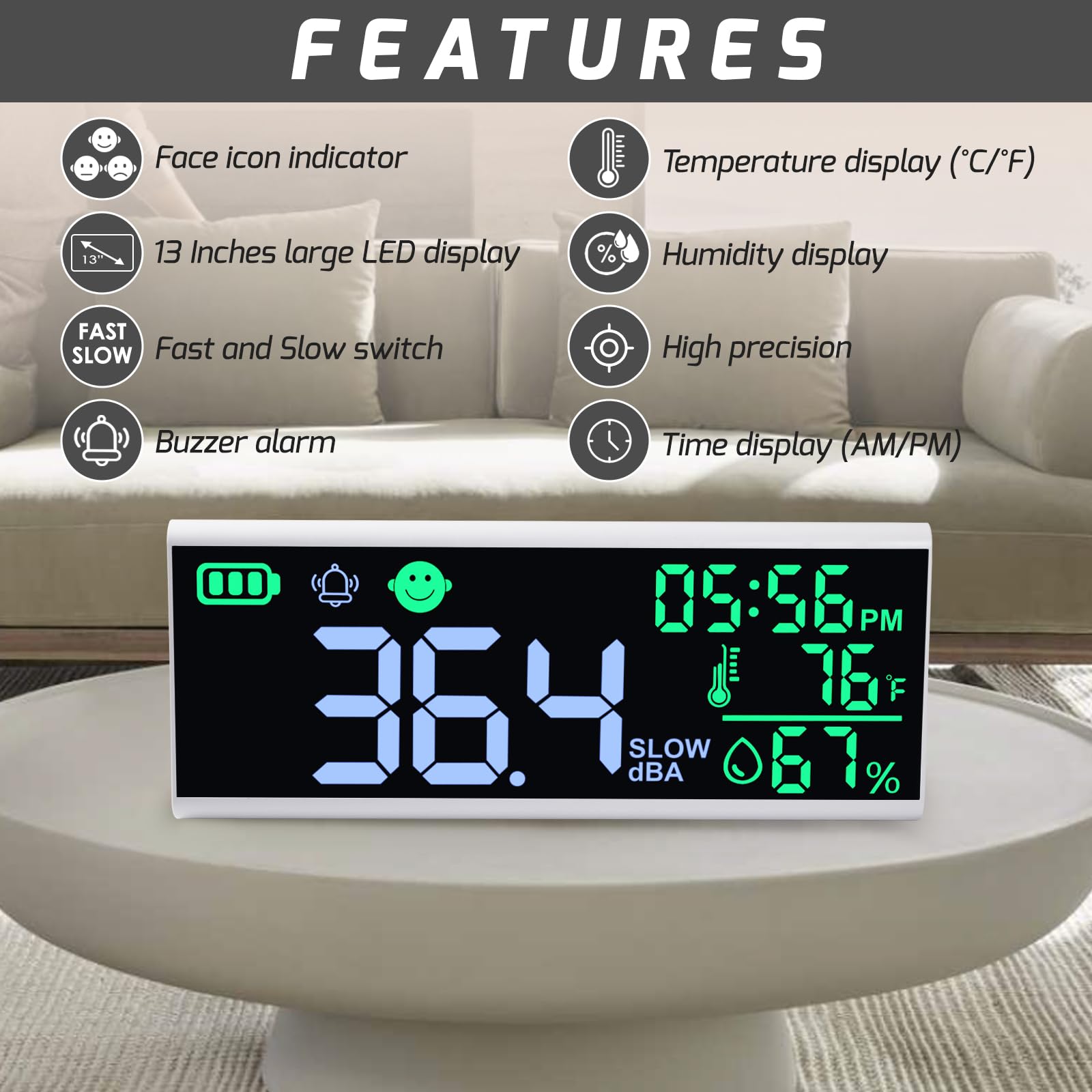 Misuratore Di Decibel Misuratore Di Decibel Sonoro Da 13’’ Misuratore Di Livello Sonoro Da Parete E Da Tavolo Misuratore Di Rumore A Led Di Grandi Dimensioni Visualizza Decibel Tempo Temperatura