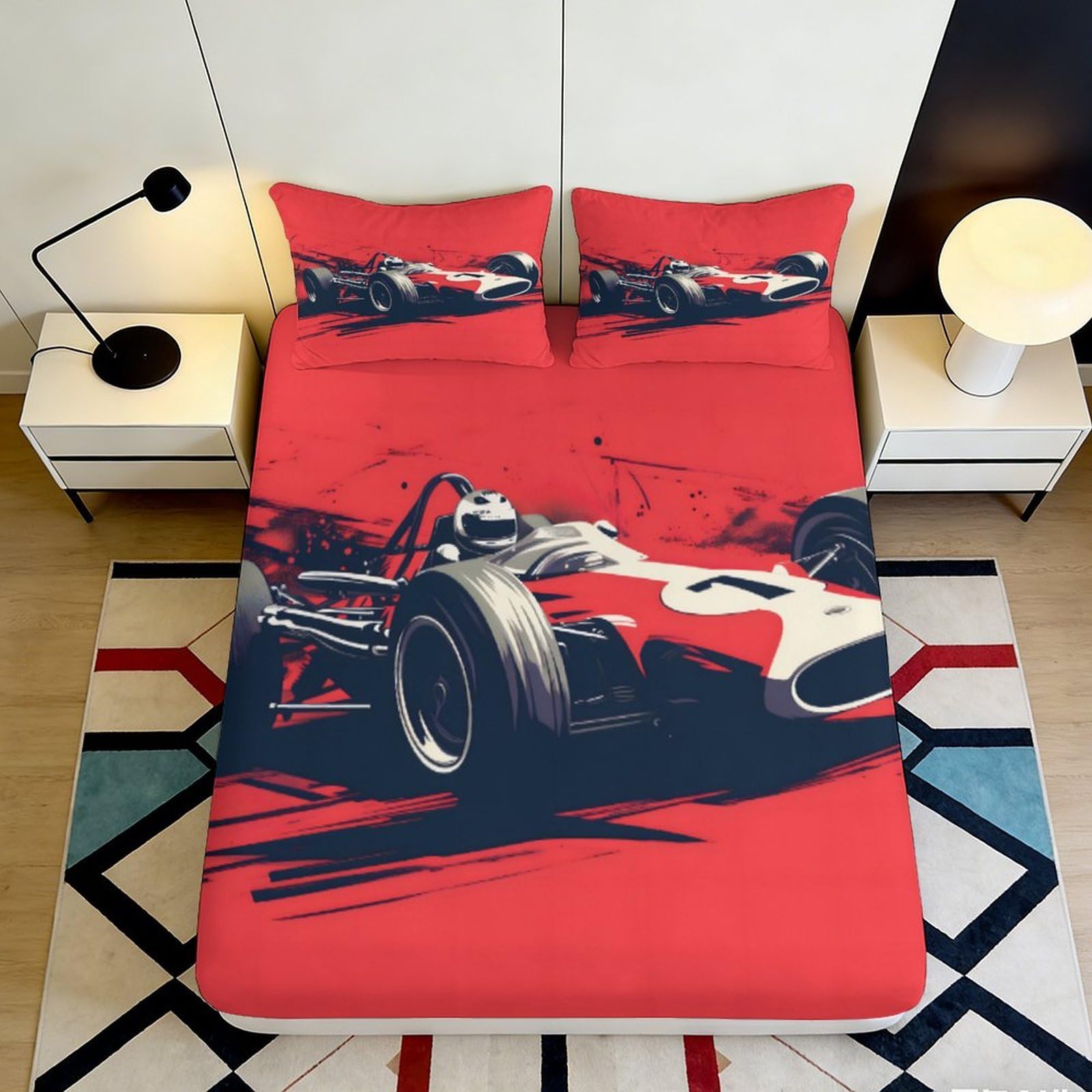 3D Printed Race Car Pattern Fitted Sheet Microfiber Deep Pocket Non-Slip Bedroom Bedding Set Racing Mattress Fitted Cover Washable 140x200x25cm