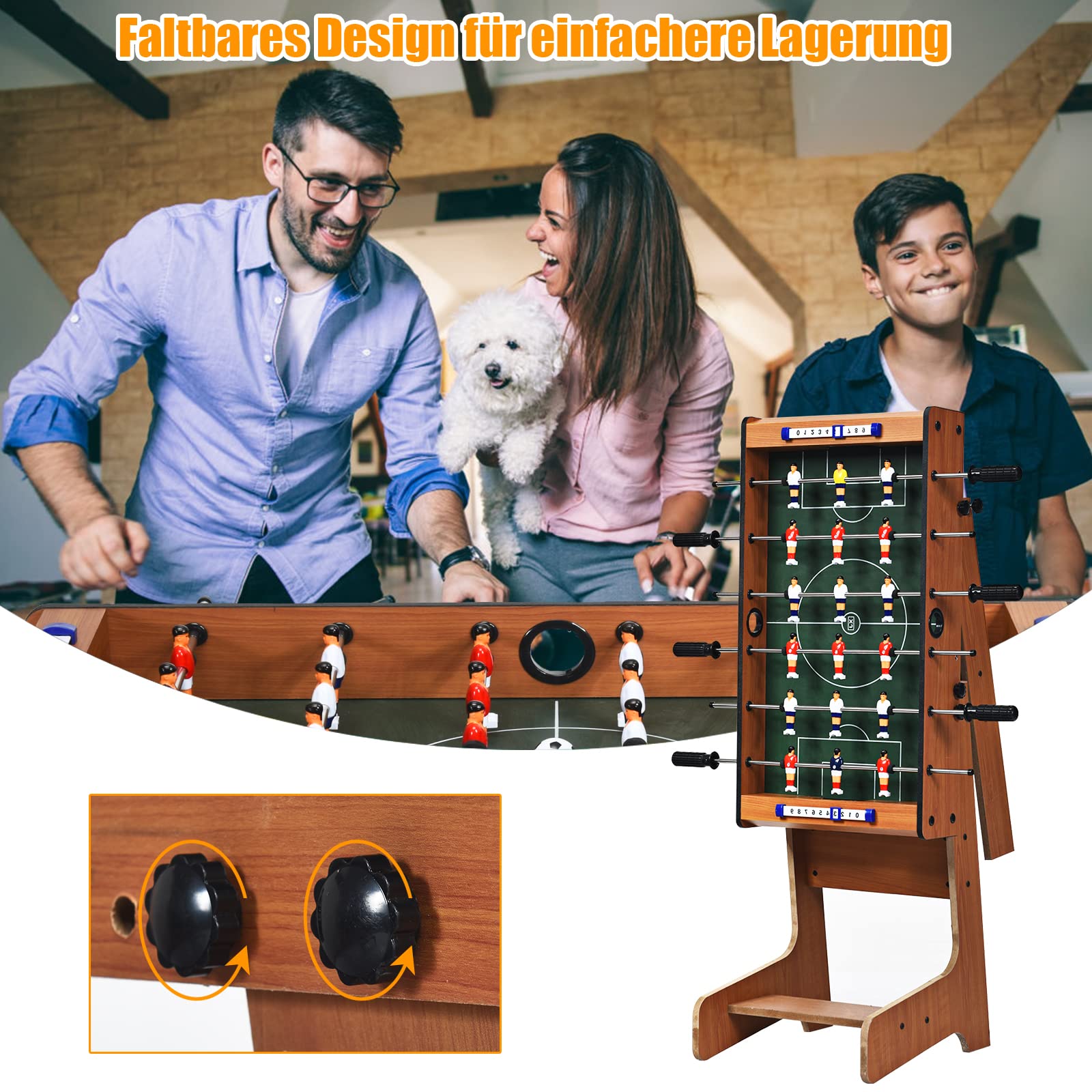 DREAMADE Kickertisch klappbar, Tischkicker inkl. 2 Bällen und 18 Spielfiguren, Stabiler Fußballtisch aus Holz, Fußball-Spieltisch für Kinder und Erwachsene, für Spielzimmer, Partys, Holzfarbe