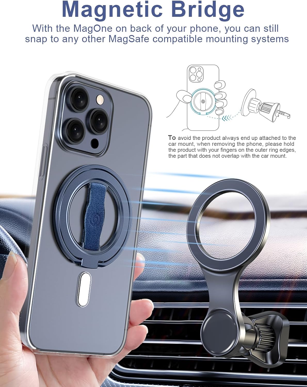 EWA MagOne 3rd Gen [Compatible with MagSafe] Phone Grip Stand with Finger Strap, Removable Magnetic Ring Holder Kickstand Loop for iPhone 17,16,15,14,13,12 Series-(Blue)