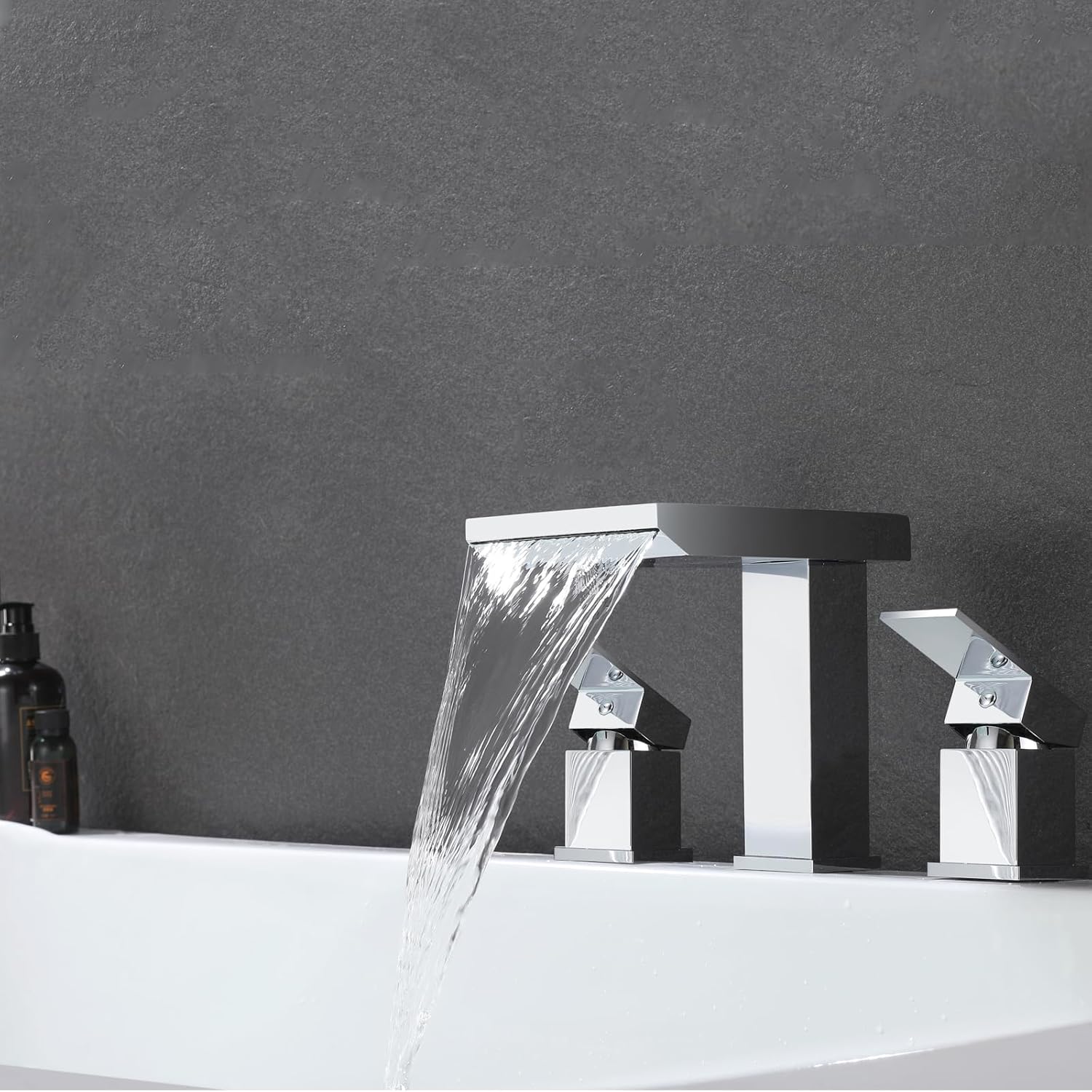 Brass High Flow Waterfall Roman Bathtub Faucet,Deck Mount Bathtub Faucets Set,3 Holes Two Handles Widespread Bath Tub Filler Tub Faucets,Chrome