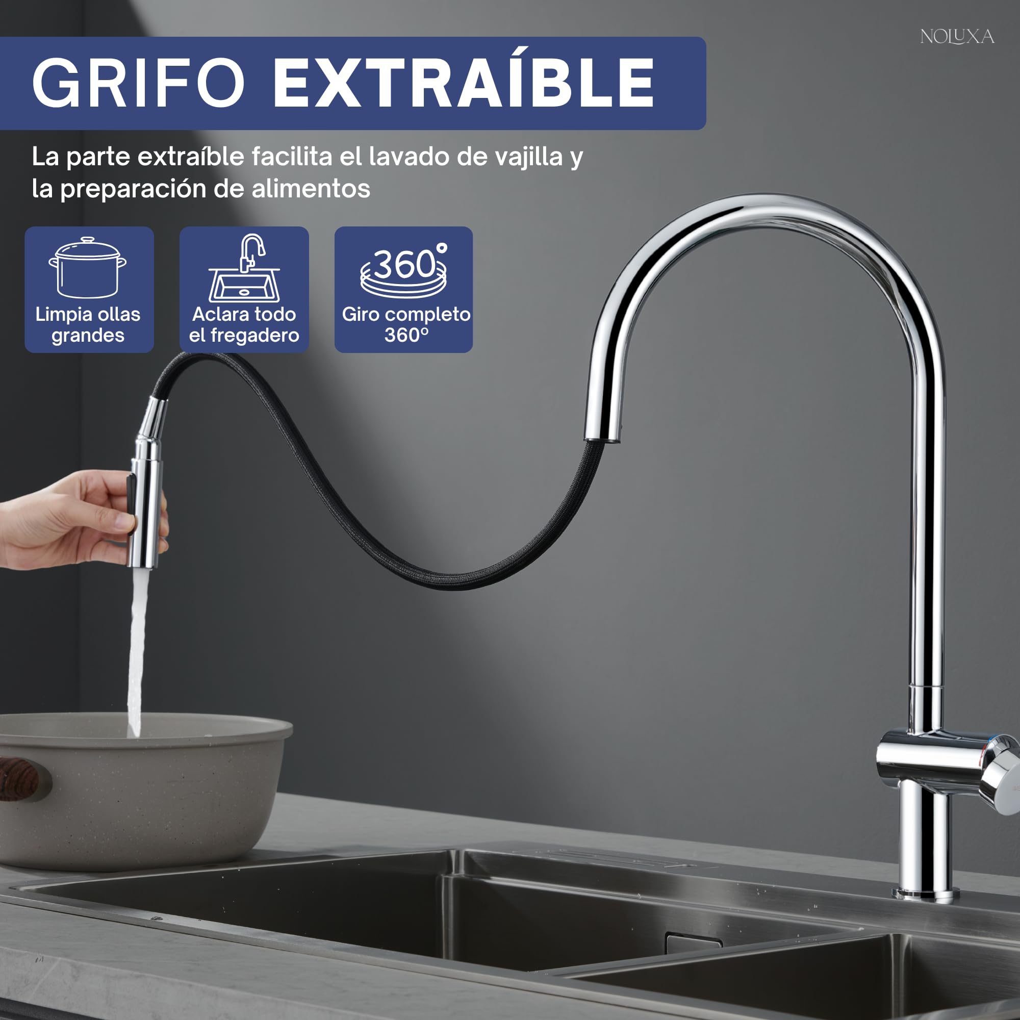 IMEX - Grifo Cocina Extraíble | Grifo Monomando Fregadero con Difusor | Griferia Cocina con Ducha Flexible 360º | Grifería en Latón | Serie Berna | Color Cromado