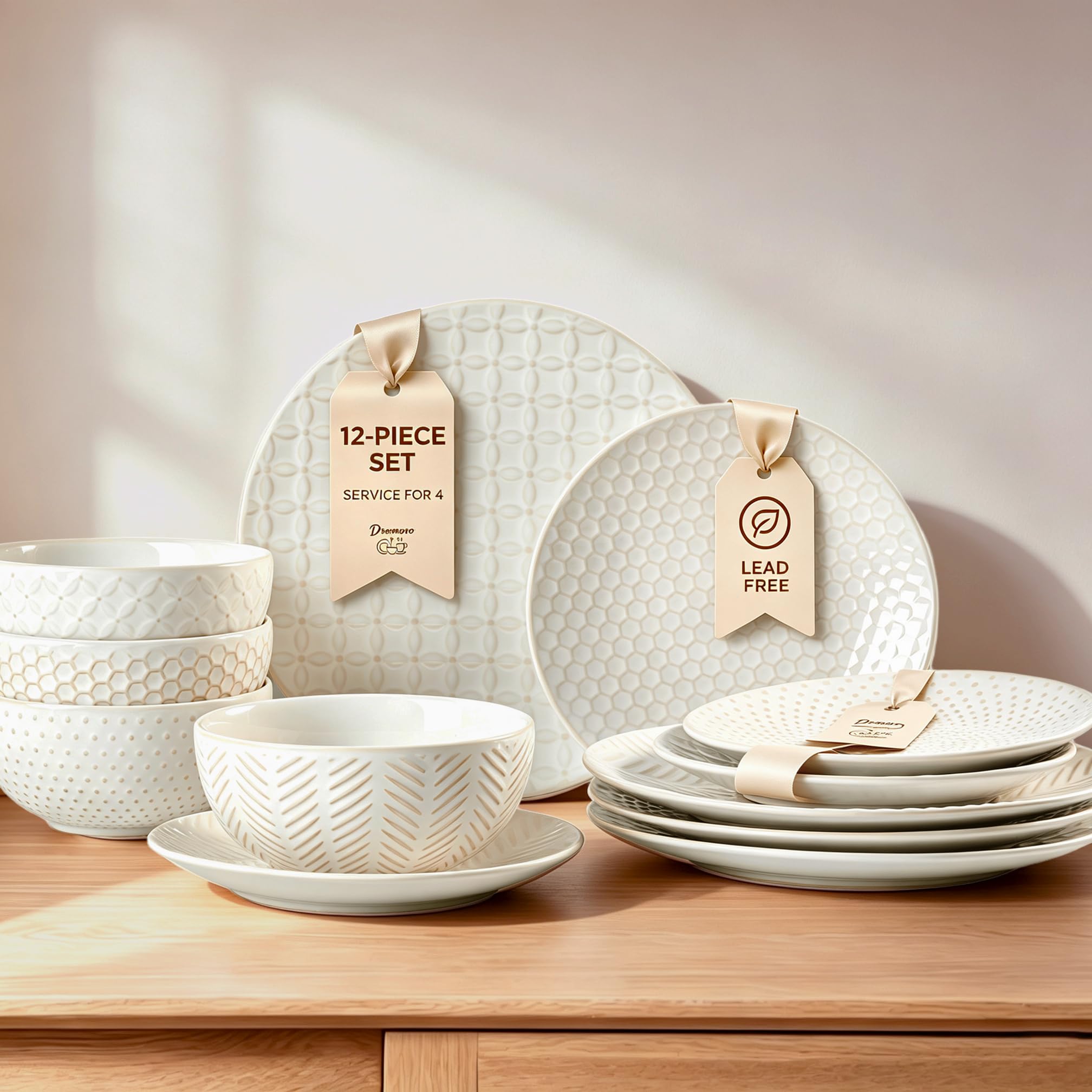 Embossed Ceramic Dinnerware Set for 4, 12-Piece White Plates and Bowls Set, Modern Farmhouse Tableware with 10" &amp; 8" Plates, 26 oz Bowls, Microwave, Oven &amp; Dishwasher Safe