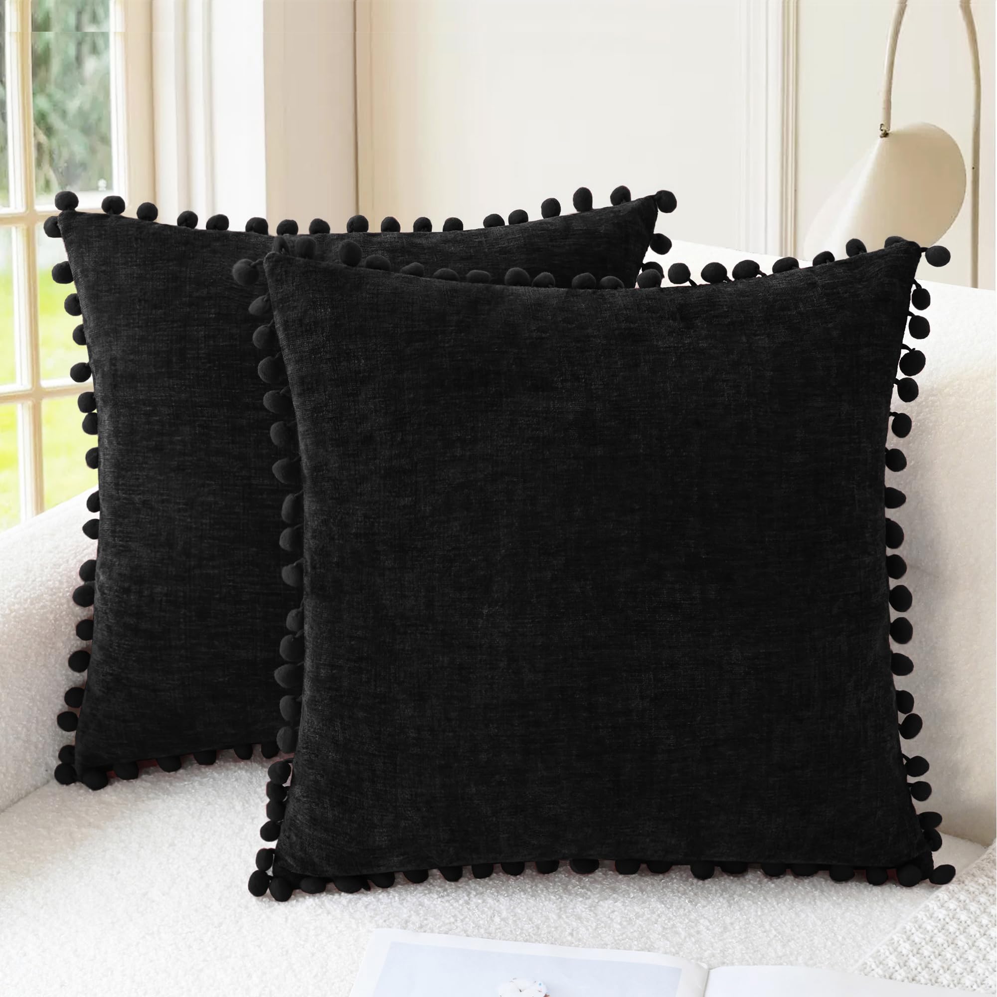 CaliTime Throw Pillow Cases Pack of 2 Cozy Solid Dyed Soft Chenille Cushion Covers with Pom Poms for Couch Sofa Home Decoration 50cm x 50cm Black โ image 1