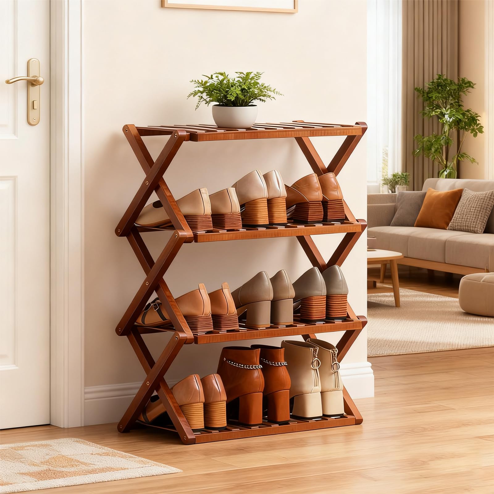 Étagère à chaussures pliable Moso en bambou marron à 4 couches