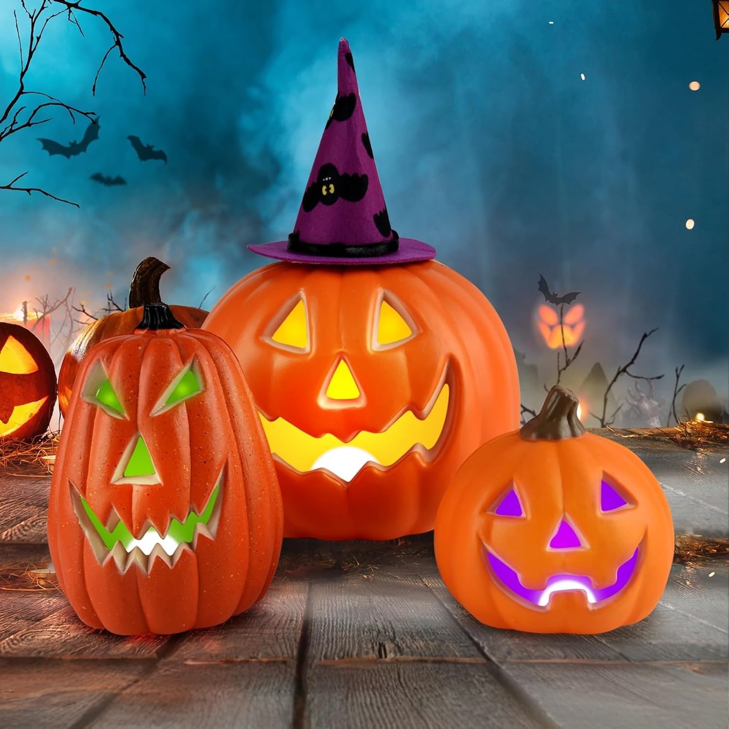 Halloween LED Jack-O-Lantern Lights with Purple Bat Hat, Color-Changing Pumpkin Decor Set of 3 Battery Operated Table Ornaments for Home Party Decor 3Pack