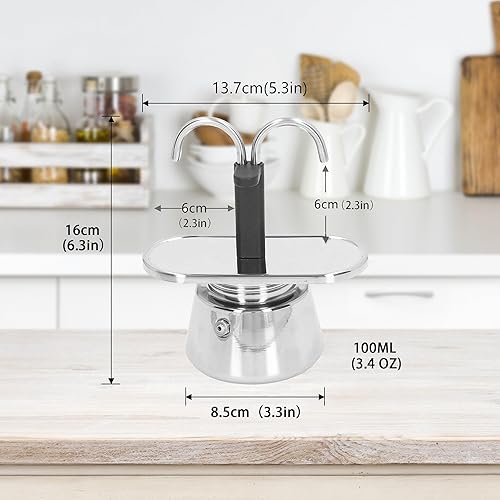 Miniatura 2 de Olla Moka de acero inoxidable, estufa de 2 tazas, máquina de café con doble boquilla, fácil de operar, hacer café rápidamente, olla moka de 3.5