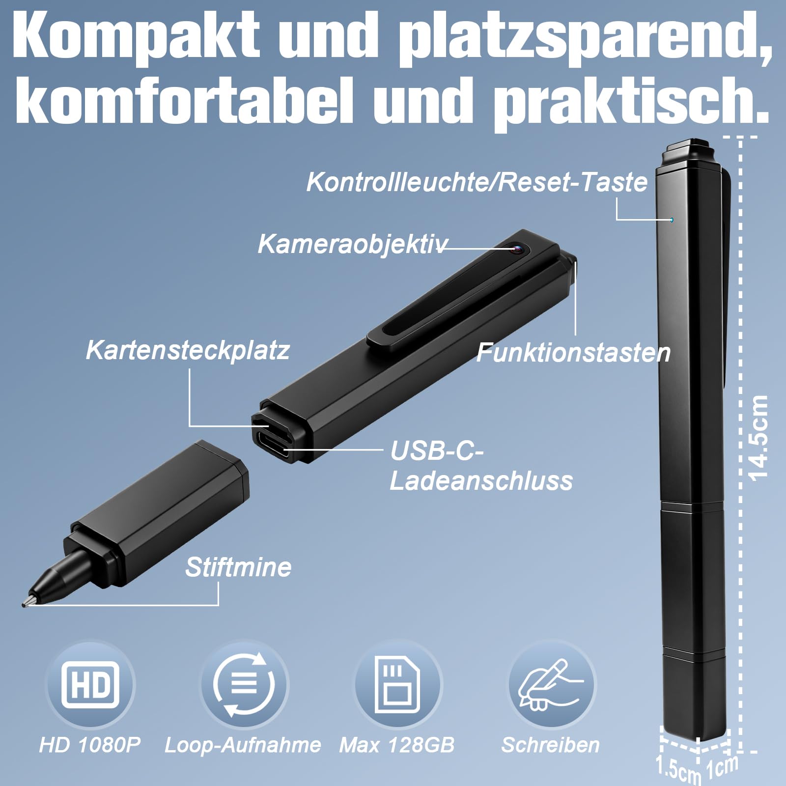 Kleine Kamera 1080P, Mini-Stiftkamera ohne WLAN für Innen und Außen