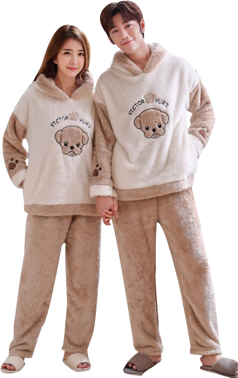 Dog Pattern, Loose, Room Wear, Zipper Type, Cute, Pair Pajamas, Winter, Couple Pajamas, Top and Bottom Set, Autumn and Winter Room Wear, Matching Look, Hat Included, Pajamas, Long Sleeve,