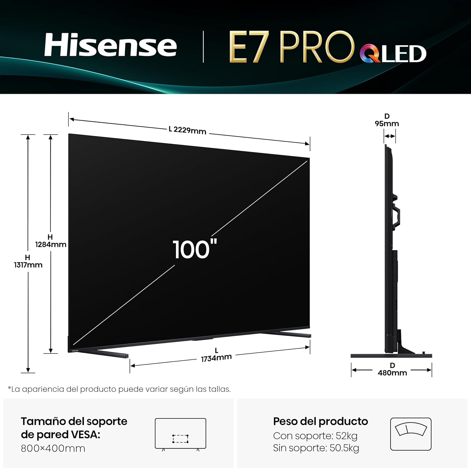 Hisense 100E7Q Pro – QLED Smart TV 100 Pulgadas, Gaming TV, Modo Juego Pro 144Hz, AMD Freesync Premium Pro, Dolby Vision IQ, Dolby Atmos, Movimientos Suaves IA, Hi-Concerto, Procesador Hi-View IA 3