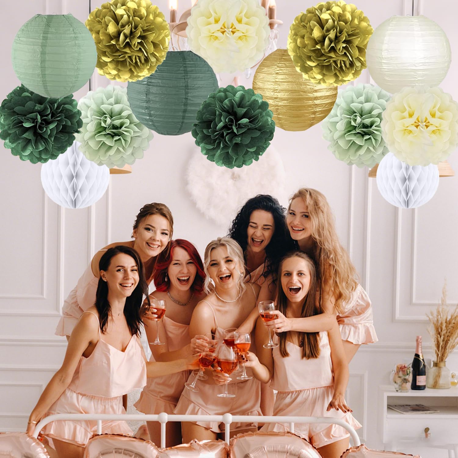 14Pcs Sage Green Gold Ivory Party Decorations, Paper Lanterns Tissue Paper Pom Poms Honeycomb Balls, Boho Neutral Hanging Decor for Baby Shower, Wedding, Birthday, Graduation Party Supplies