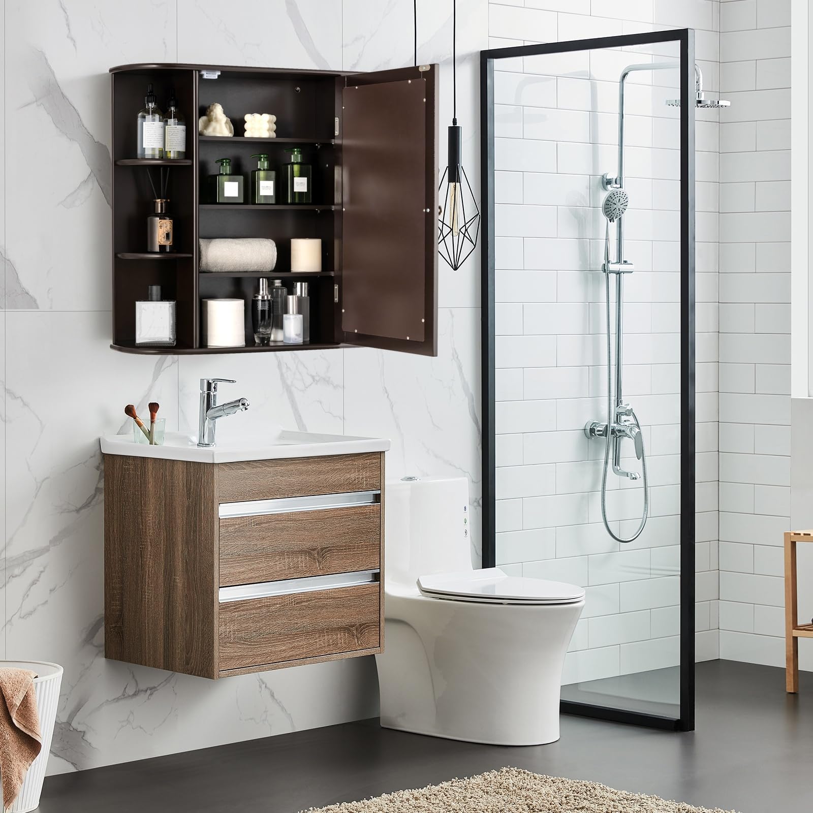 LIFEZEAL Armadietto a Specchio, Pensile a 1 Anta, per Bagno, 4 Ripiani e 6 Scomparti Aperti, Ripiani Interni Regolabili, Mobiletto da Parete, Salvaspazio, in Legno, 66x16,5x63 cm (marrone)