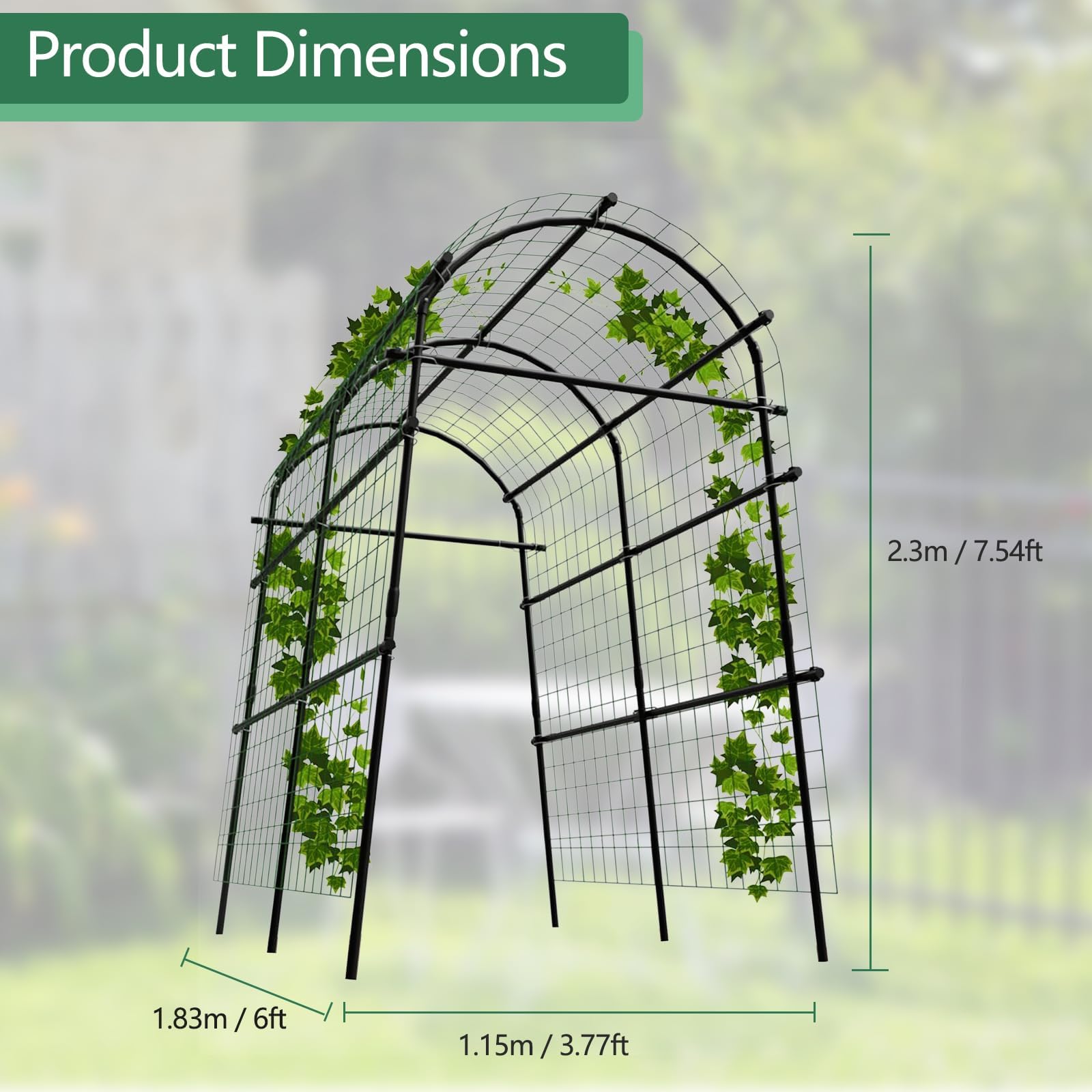 Arco da Giardino per Piante Rampicanti, 228cm (7.5FT) Traliccio in Metallo Rivestito in PE Antiruggine, Supporto Robusto 7.1kg per Rose, Cetrioli, Viti e Decorazione Matrimonio, Nero/Verde
