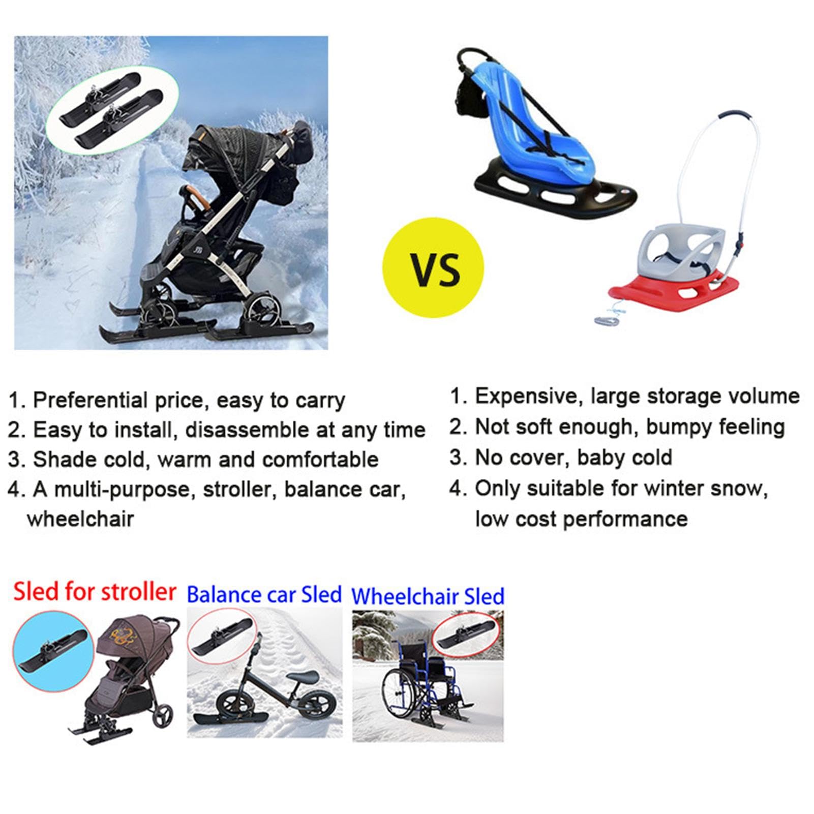 Luge à Neige pour Scooter pour, Ensemble de Skis de Neige,Kit de Ski de Snowboard pour Cyclisme | Scooter équilibré Portable pour pour Stations de Ski, voiturettes de Golf et poussettes