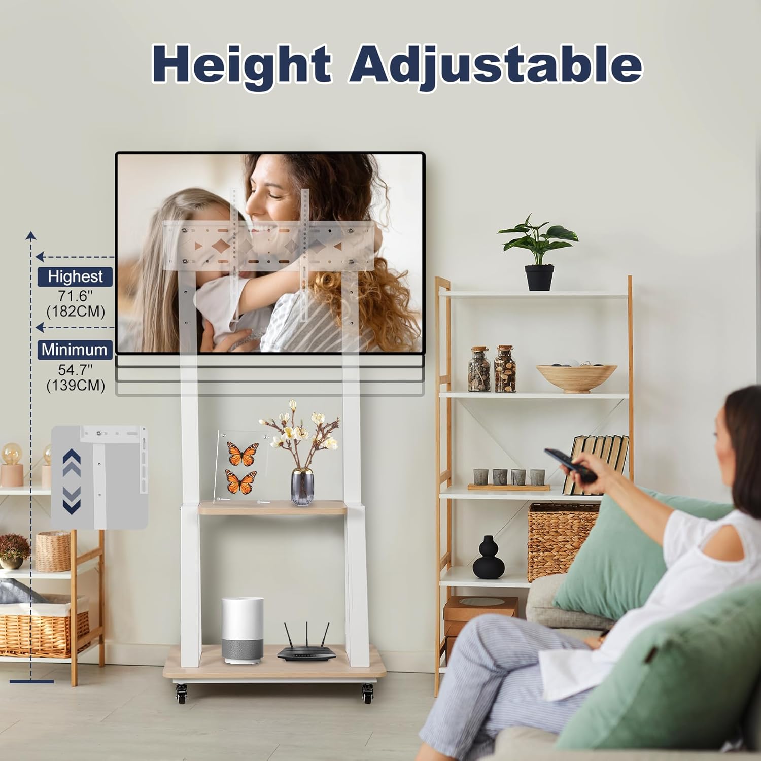 Mobile TV Stand Rolling TV Cart with Wheels for 32-75 Inch Flat/Curved Led/LCD/OLED Portable Floor TV Stand with Laptop Wood Shelf Height Adjustable Heavy-Duty Holds up to 100lbs White