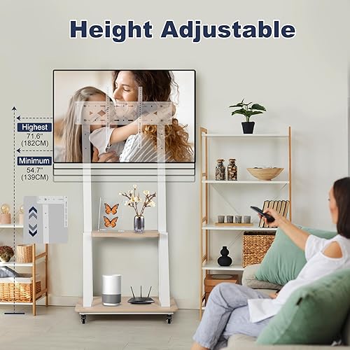 Miniatura 4 de Soporte de TV móvil con ruedas para 32 a 75 pulgadas plano/curvado LED, LCD/OLED, soporte de TV portátil de suelo con estante de madera para