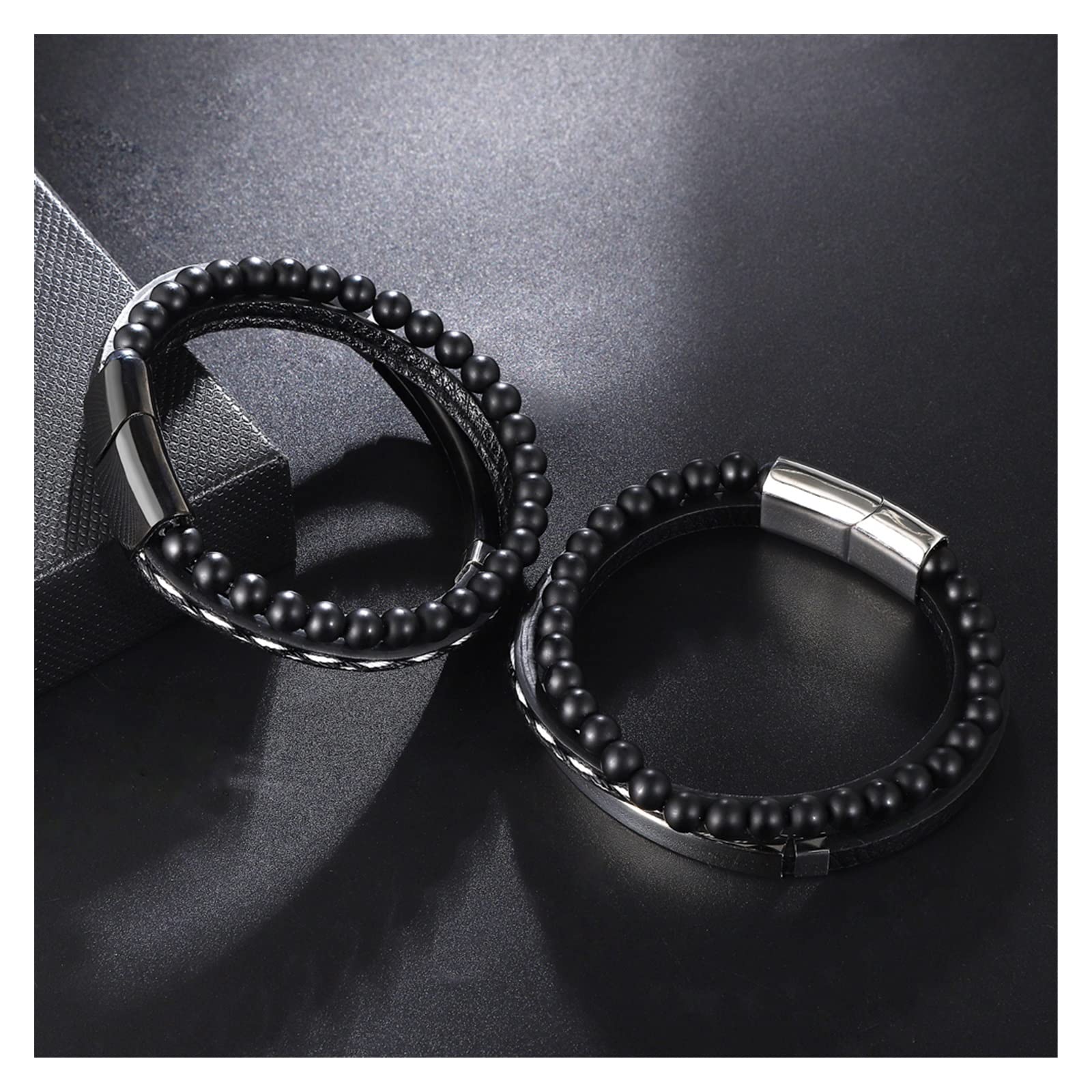 HLTYGWX Pulsera de Cuero grabada para Hombre, Cuentas de Piedra de Ojo de Tigre Amarillo, Regalos de joyería para Novio y Novia