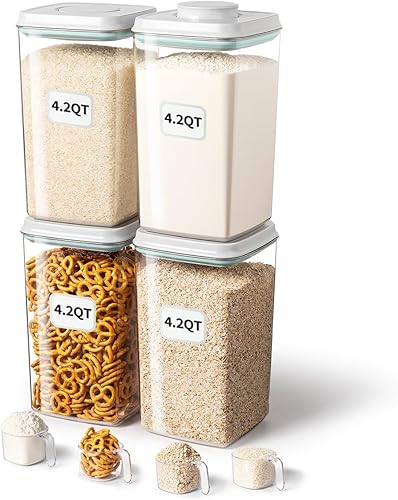 Ankou Recipiente hermético para almacenamiento de alimentos con tapa pop y cuchara de 4.4 fl oz, 4 litros4.2 cuartos x 4 recipientes de cereales sin