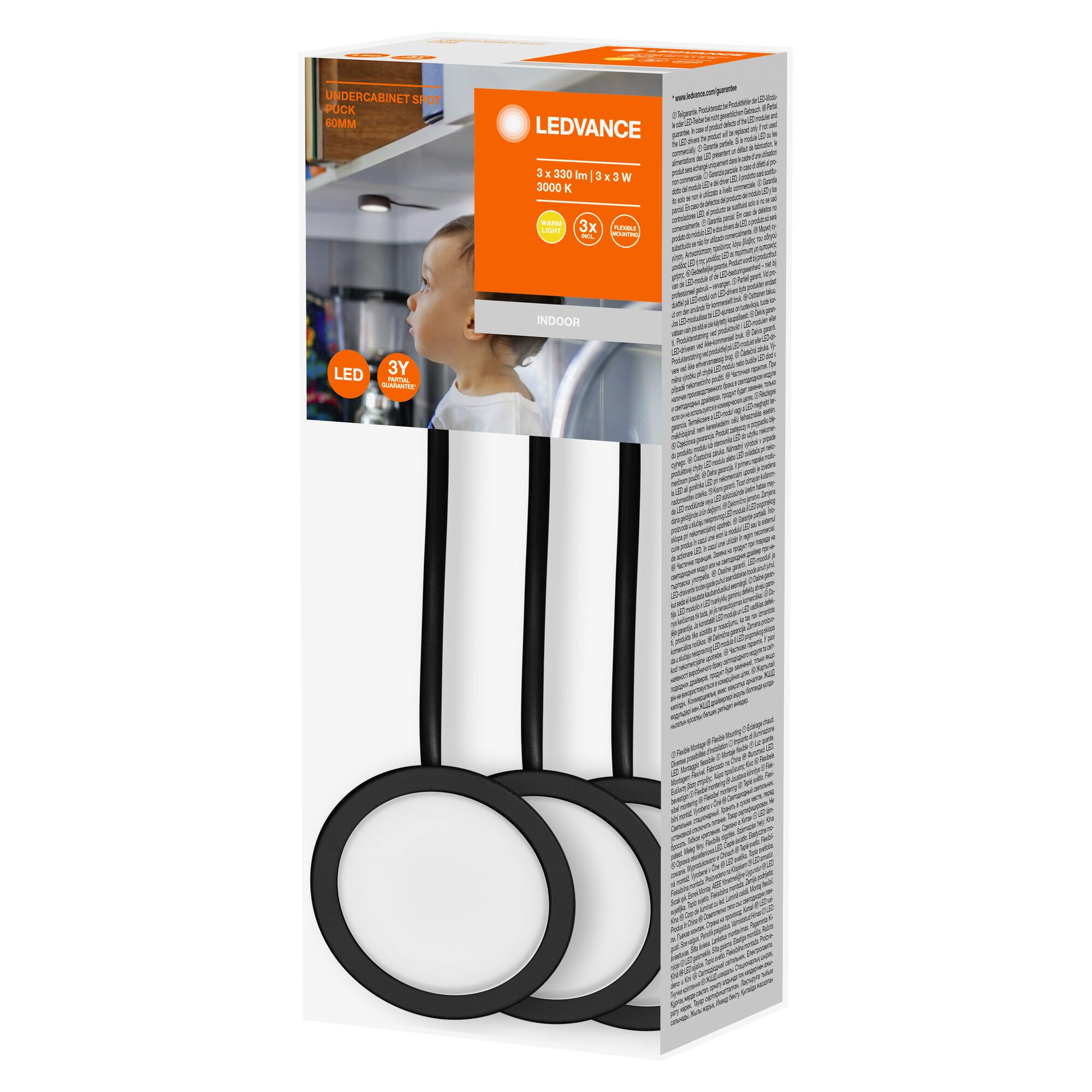 LEDVANCE Oprawa Podszafkowa Puck 65 mm 830Bk, 3 x 3W, 3 x 330LM, Okrągły Kształt i Ciepłobiałe Światło (3000K), Zestaw Trzech Lamp Podszafkowych ze Zintegrowanym Modułem LED, Stopień Ochrony Ip20