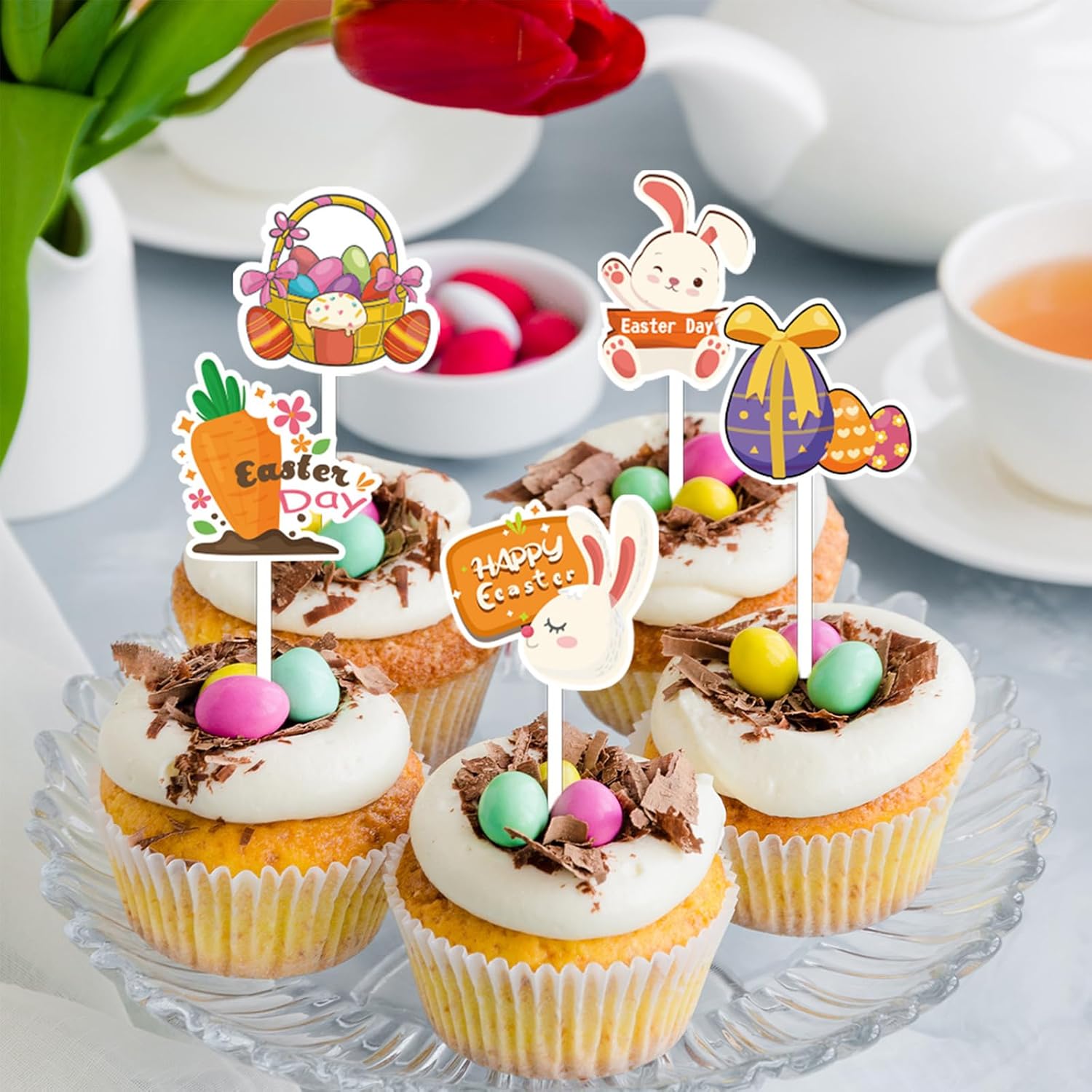 24PCS Easter Cupcake Toppers, Happy Easter Eggs Bunny Cake Topper Picks Food Decorations for Easter Birthday Party Favor Decor Supplies