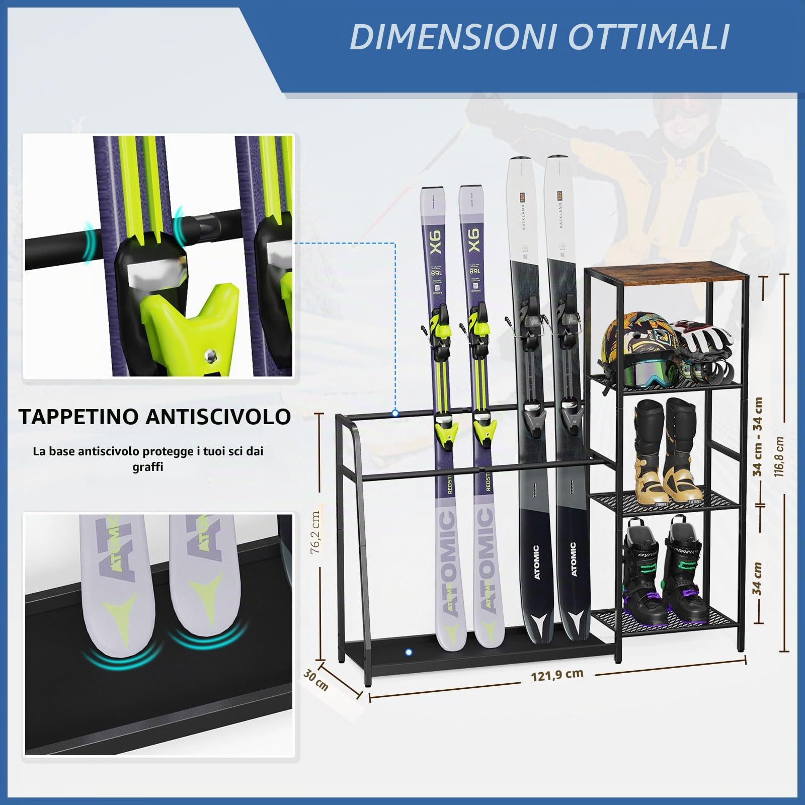 Rastrelliera autoportante per snowboard, 4 paia di sci, 3 confezioni da snowboard, scarponi, aste, occhiali, casco per garage, capannone, cantina