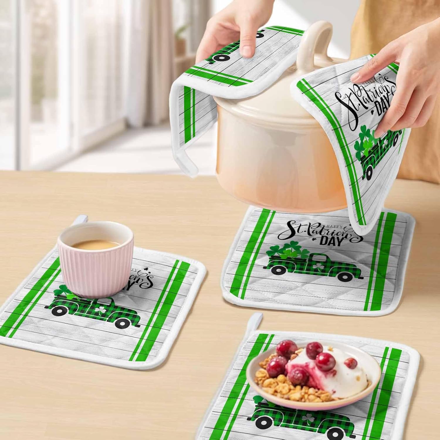5 Pack Pot Holders for Kitchen, St. Patrick's Day Hot Pads for Kitchen Countertops Oven Pot Holder Bulk, Spring Lucky Grass Truck Striped Wood Heat Insulation Potholders with Hanging Loops