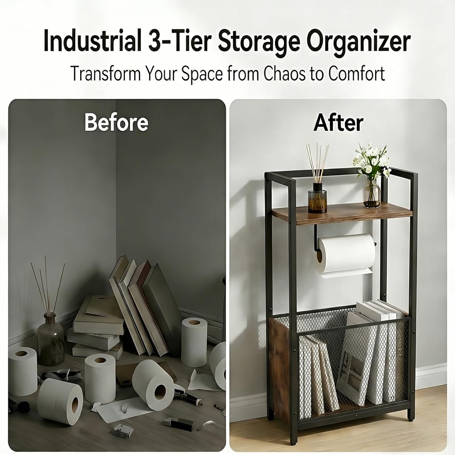 Toilet Paper Holder Free Standing, Black Toilet Paper Holder Stand, Freestanding Toilet Paper Holder for Bathroom Tissue Holder Roll Holder, Magazines, Wipes