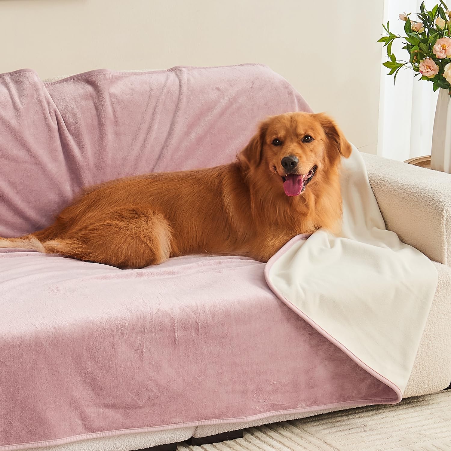 Yaning Waterproof Blanket 152x203cm for Adults Reversible Waterproof Bed Cover for Dogs Cats Pets Soft Leakproof Blanket for Bed Couch Sofa Furniture Protector Dusty Pink/Off White - Image 4