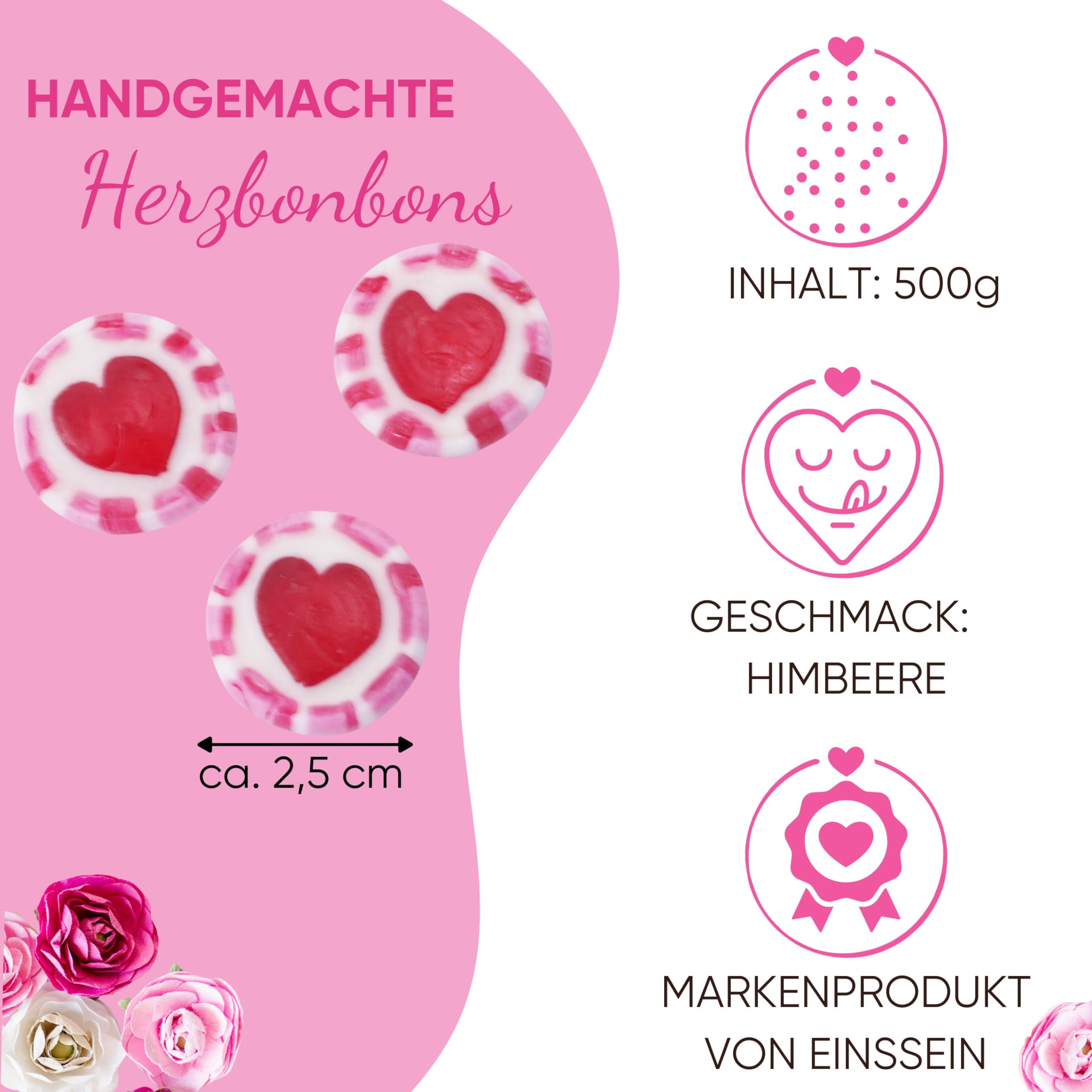 EinsSein Herzbonbons pink-rosa-weiß 500g | Handgemachte Rocks Bonbons Herz | Süßigkeiten & Gastgeschenke für Hochzeit Taufe Valentinstag Muttertag Kommunion | Essbare Tischdeko Großpackung
