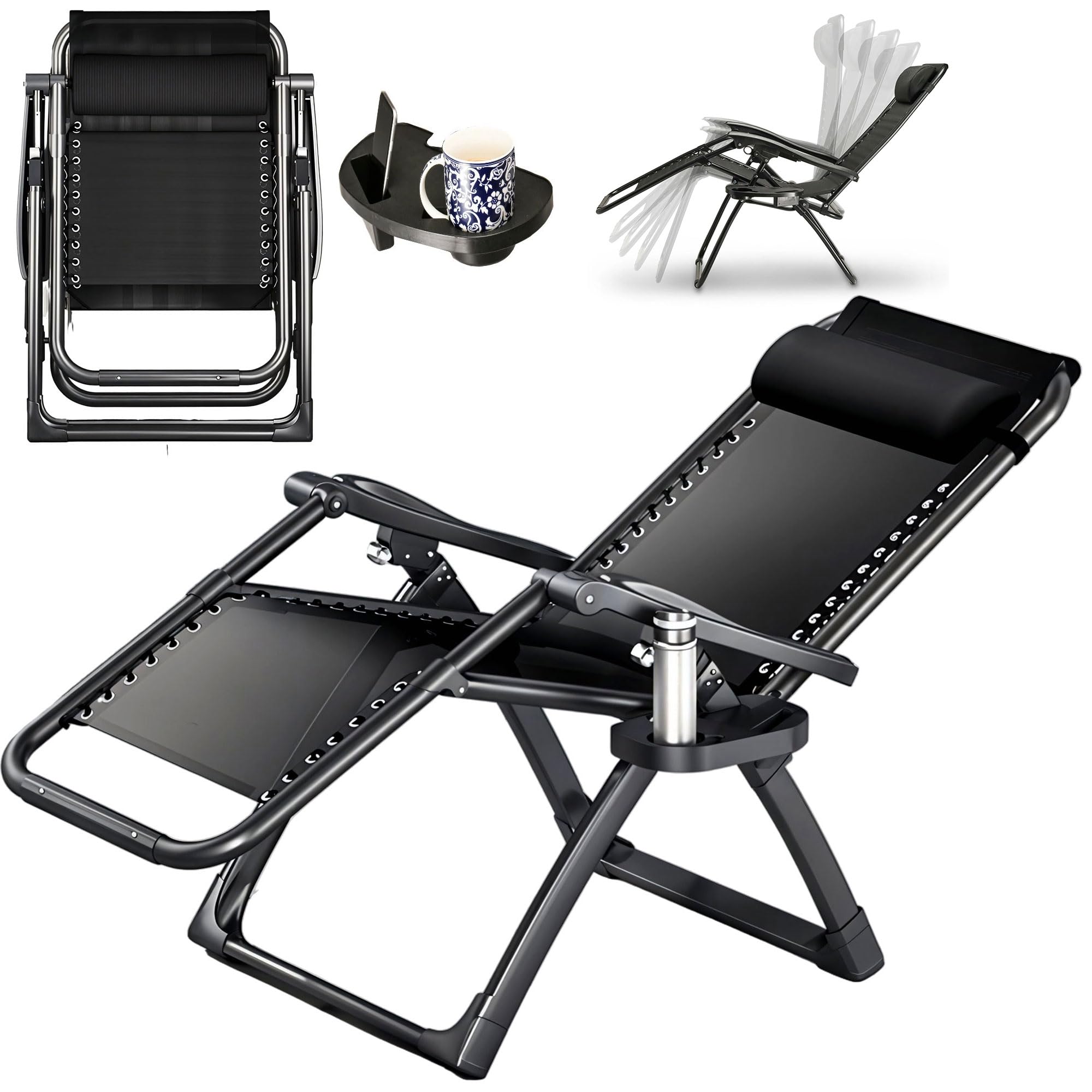 JupiterJX Gravity Chairs Heavy Duty Adjustable Lounge Chairs, Outdoor Portable Garden Recliner, Sun Folding Chair With Cup Holder And Headrest Pillow Sunloungers (1 Piece Black)