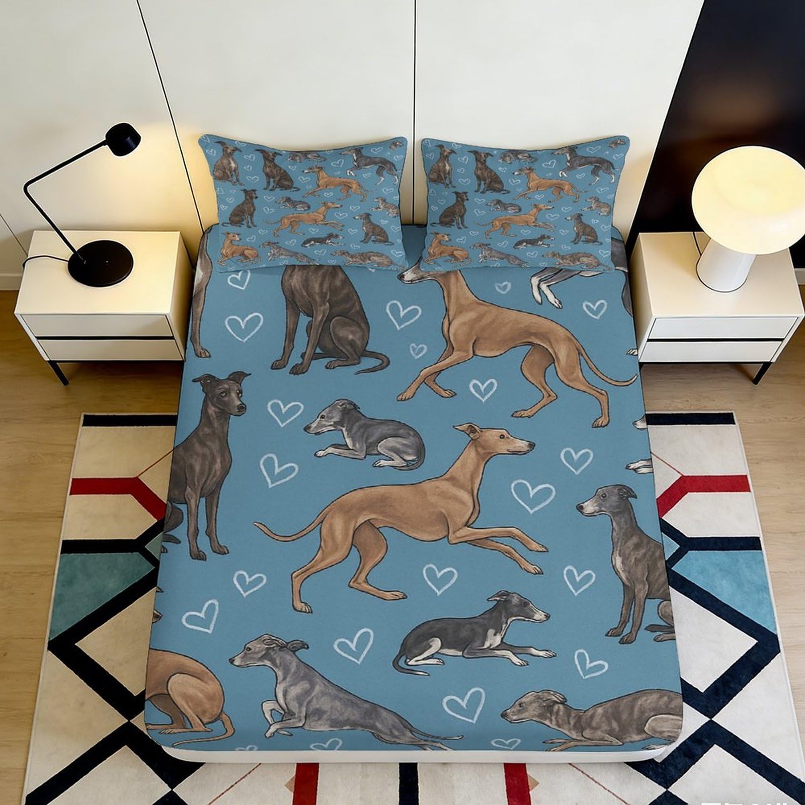 3D Printed Greyhound Dog Pattern Fitted Sheet Microfiber Durable Soft Blue Bed Cover for Bedroom Dormitory Guest Room Mattress Protection Decor 160x200x25cm