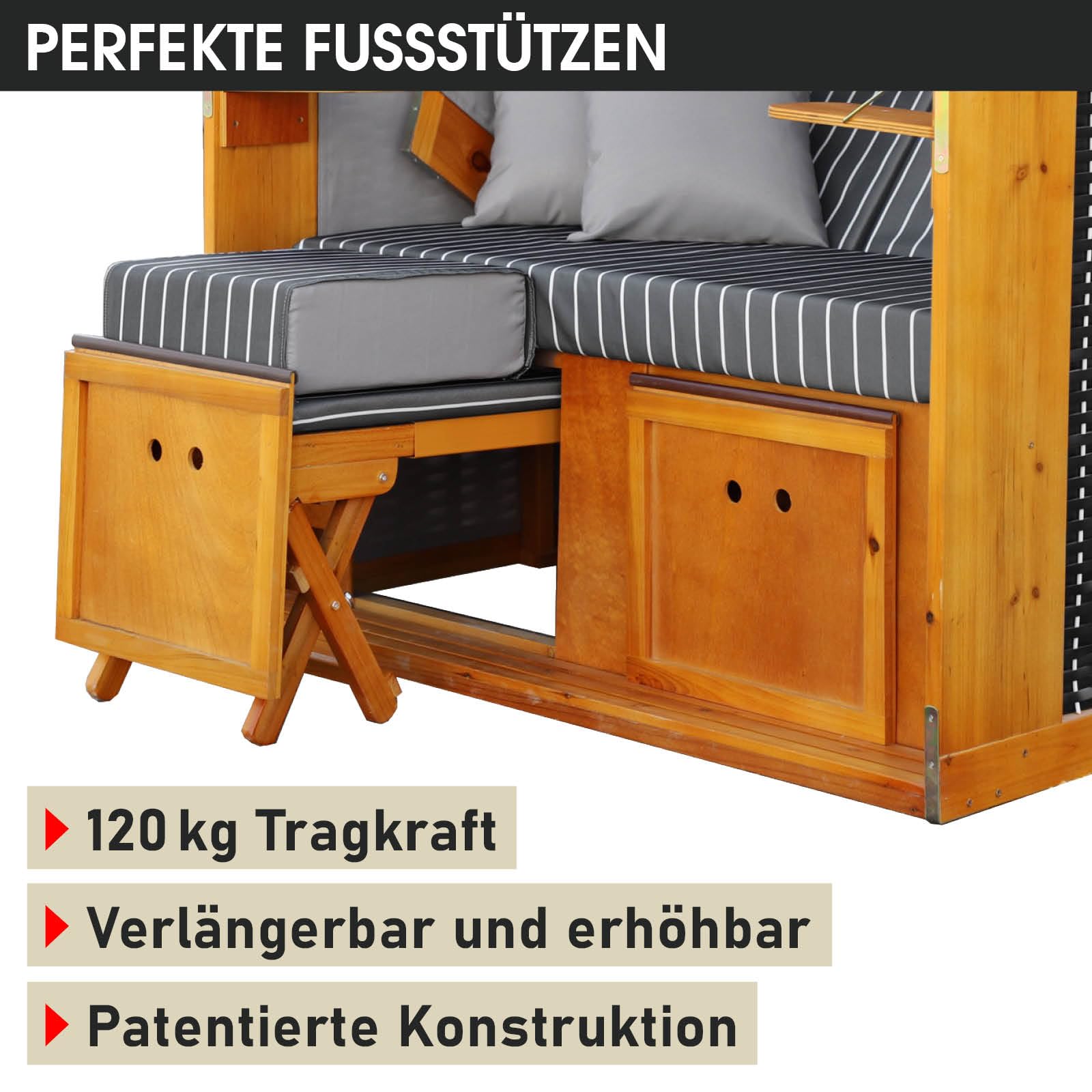 BRAST Strandkorb Rügen Deluxe | für 2 Personen | 120cm breit | 5 Designs | inkl. wetterfeste Abdeckhaube | verstellbare Rückenlehne weiches Fußkissen | Anthrazit/Weiß - Nadelstreifen