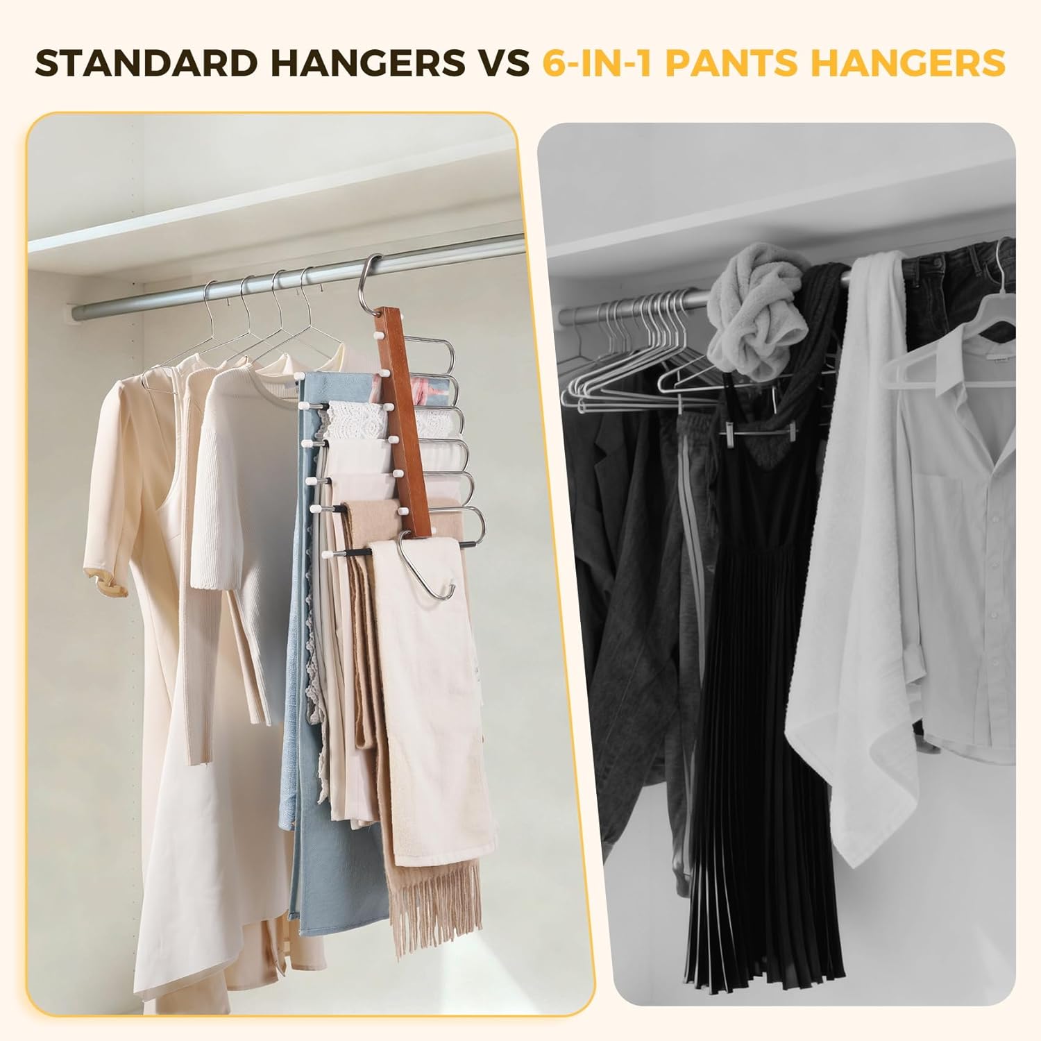 Pants Hangers Space Saving, 4 Packs Wooden Closet Organizer, Anti-Slip Design Leggings Hanger, Multi-Layer Clothing Pant Rack for Jeans, Trousers, Skirts, Scarves & Slacks