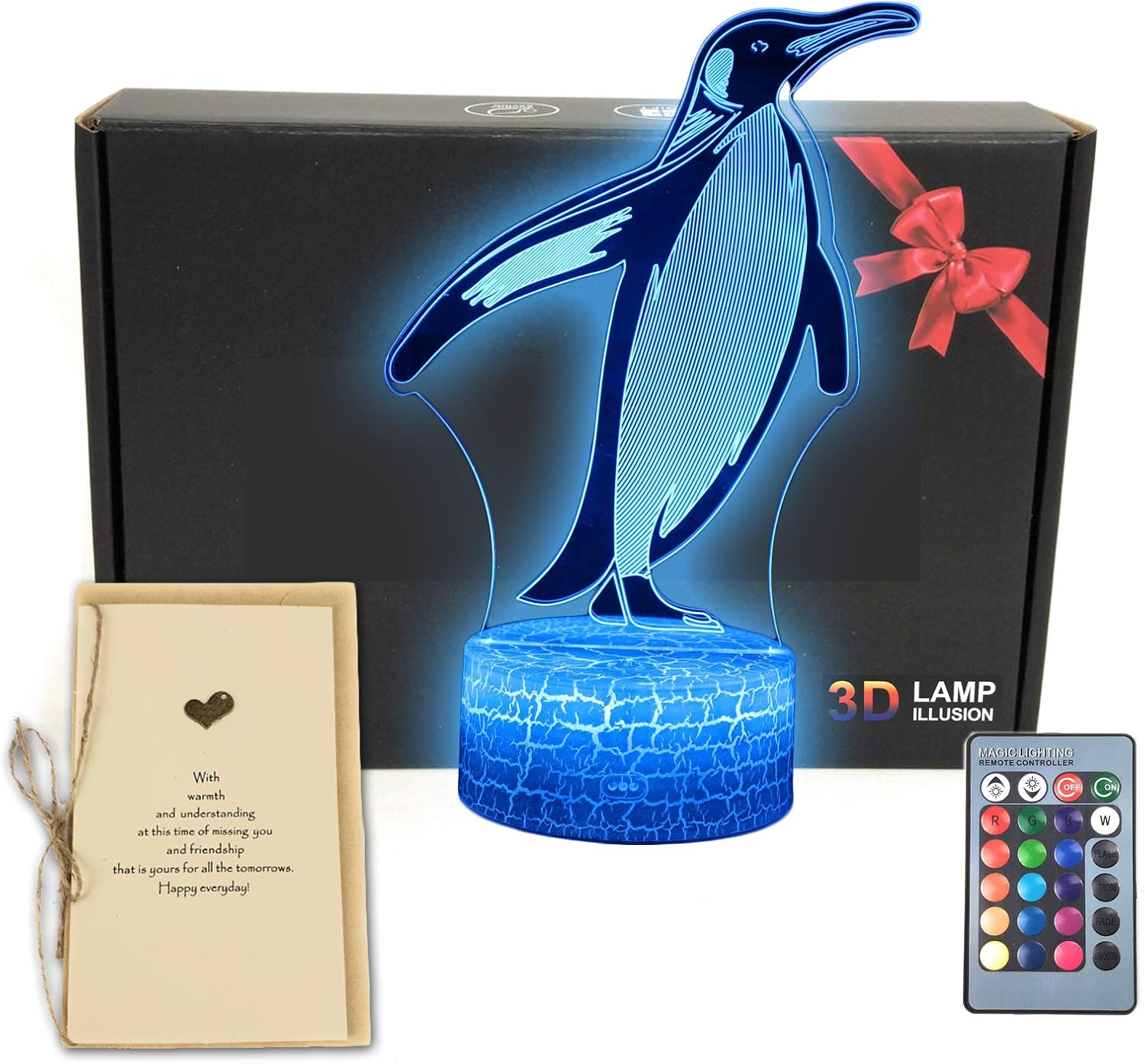 Penguin Animals 3D Illusion Desk Lamp Room Decor Night Light Toys with Greeting Card,16 Colors Remote Control,Bedroom Decorations Gifts for Fathers,Dad,Mothers,Girls,Men,Women,Kids,Boys,Teens