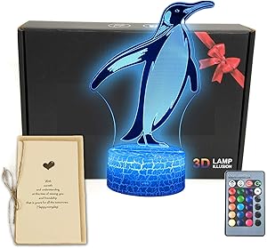 Penguin Animals 3D Illusion Desk Lamp Room Decor Night Light Toys with Greeting Card,16 Colors Remote Control,Bedroom Decorations Gifts for Fathers,Dad,Mothers,Girls,Men,Women,Kids,Boys,Teens