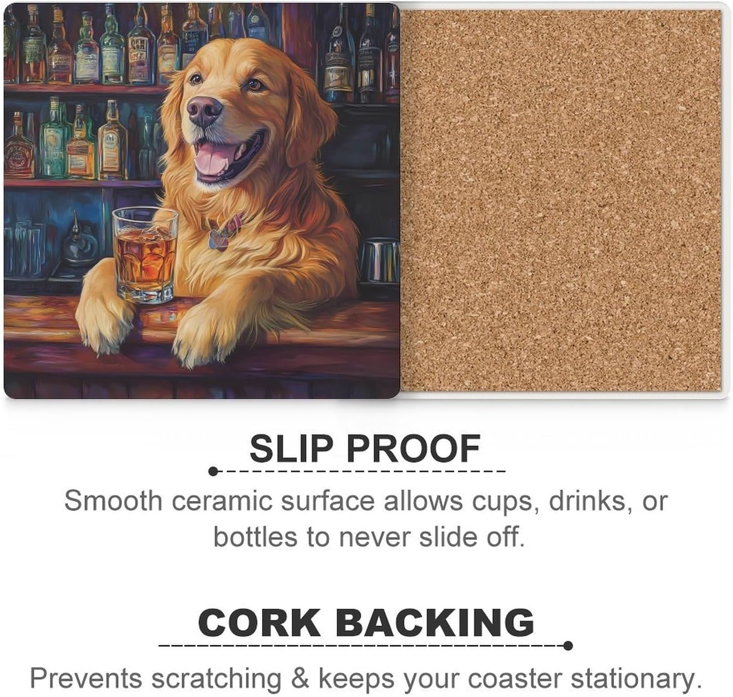 Retriever Dog Humor Bar Coasters for Drinks Square Table Coasters Set Cup Mats with Cork Base