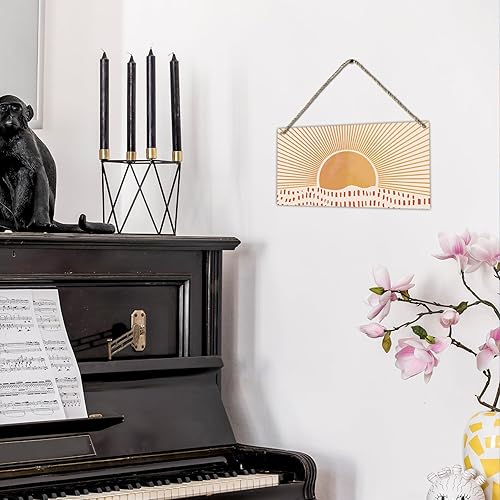 Miniatura 5 de Letrero abstracto de madera con estampado de sol y rayos de sol, estilo bohemio, para colgar en la pared, moderno de mediados de siglo, bohemio para