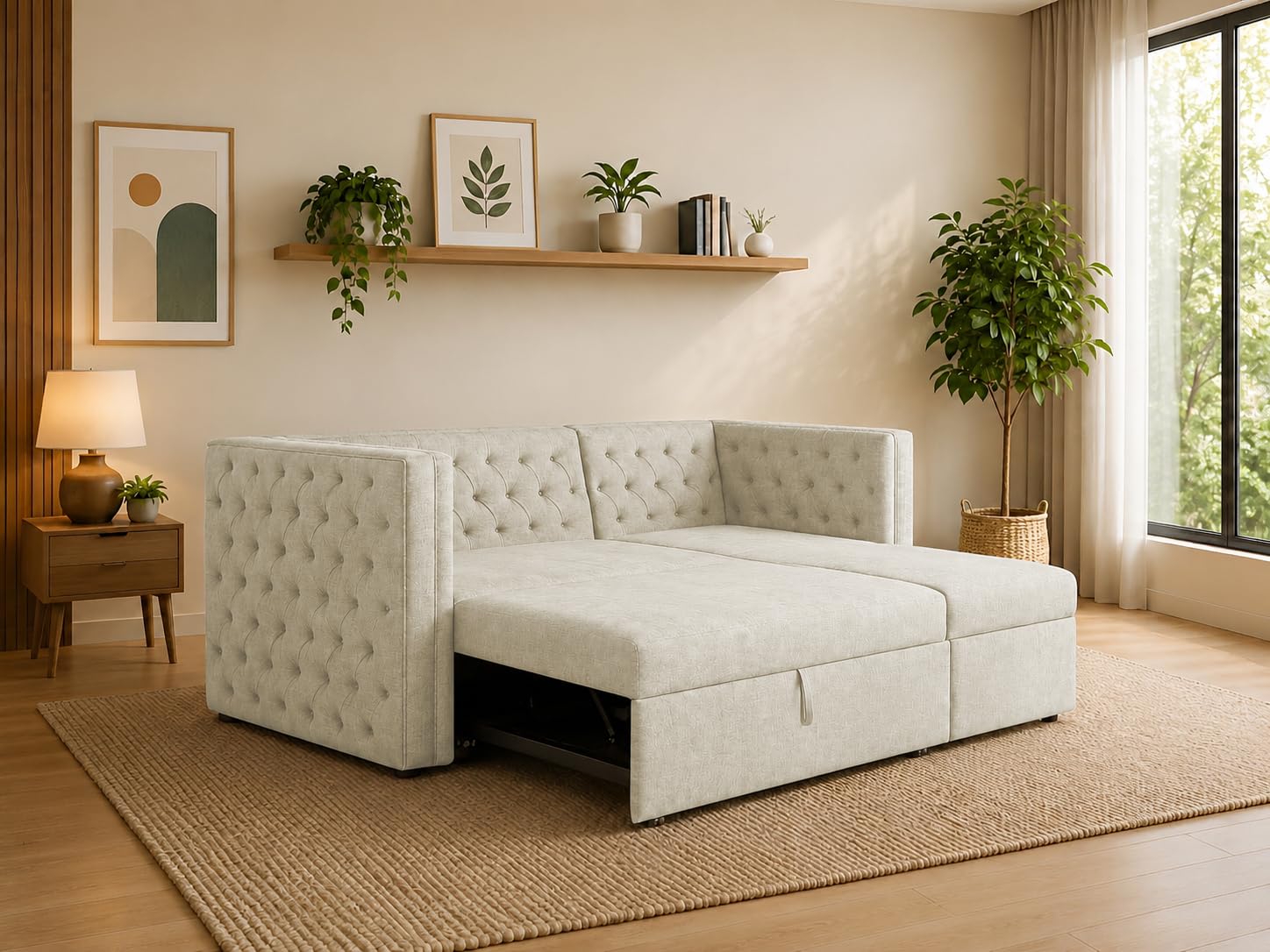 Casaliving Verona 4 Seater RHS L - Shape Pull-Out Sofa Cum Bed for Living Room (Cream Fabric Color) Premium Fabric Sofa Set for Living Room Sofa Cum Bed-picture-40