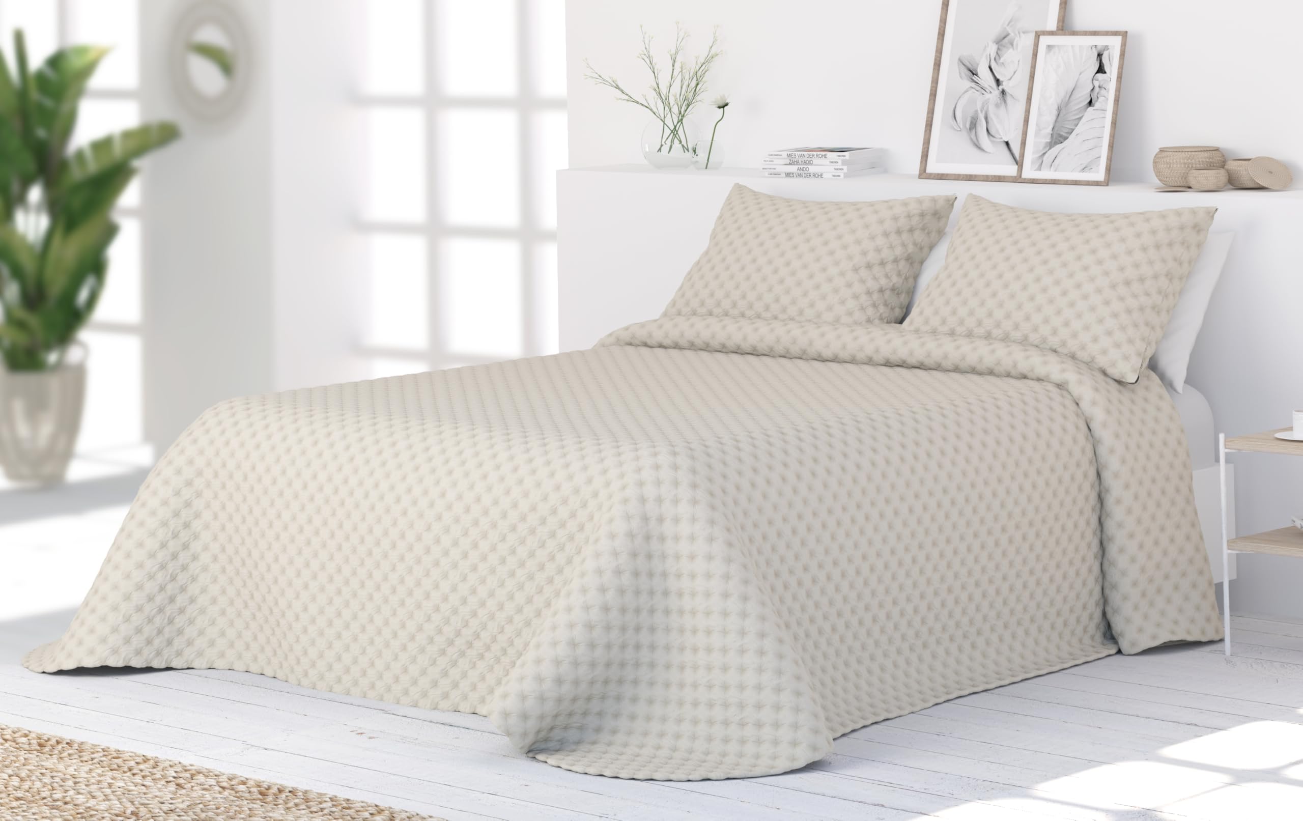 Liniva Home Colcha Bouti Lavada Termoselladapara Verano y Entretiempo. 100% Microfibra Tacto Extra Suave - Modelo Santorini - Incluye Una Funda de Cojín. (Santorini - Beige, Cama 90cm)