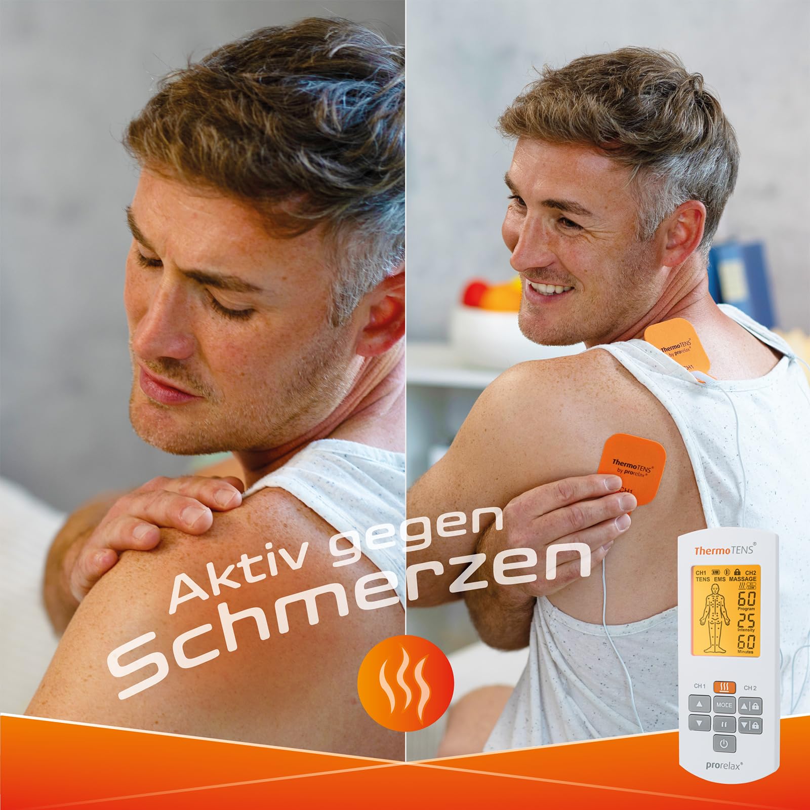 prorelax TENS/EMS QUATTRO | Akkubetriebenes Elektrostimulationsgerät | 4 Therapien - TENS, EMS, MASSAGE, WÄRME | Zur Schmerzlinderung, Entspannung, Muskelaufbau | 60 Programme | 25 Intensitätsstufen