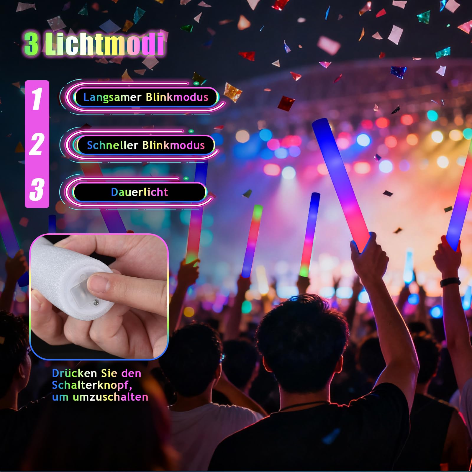 Lot de 30 baton lumineux LED en mousse, 3 modes d'éclairage — Bâton lumineux LED pour fêtes et mariages, Lightsticks adaptés aux enfants et aux adultes