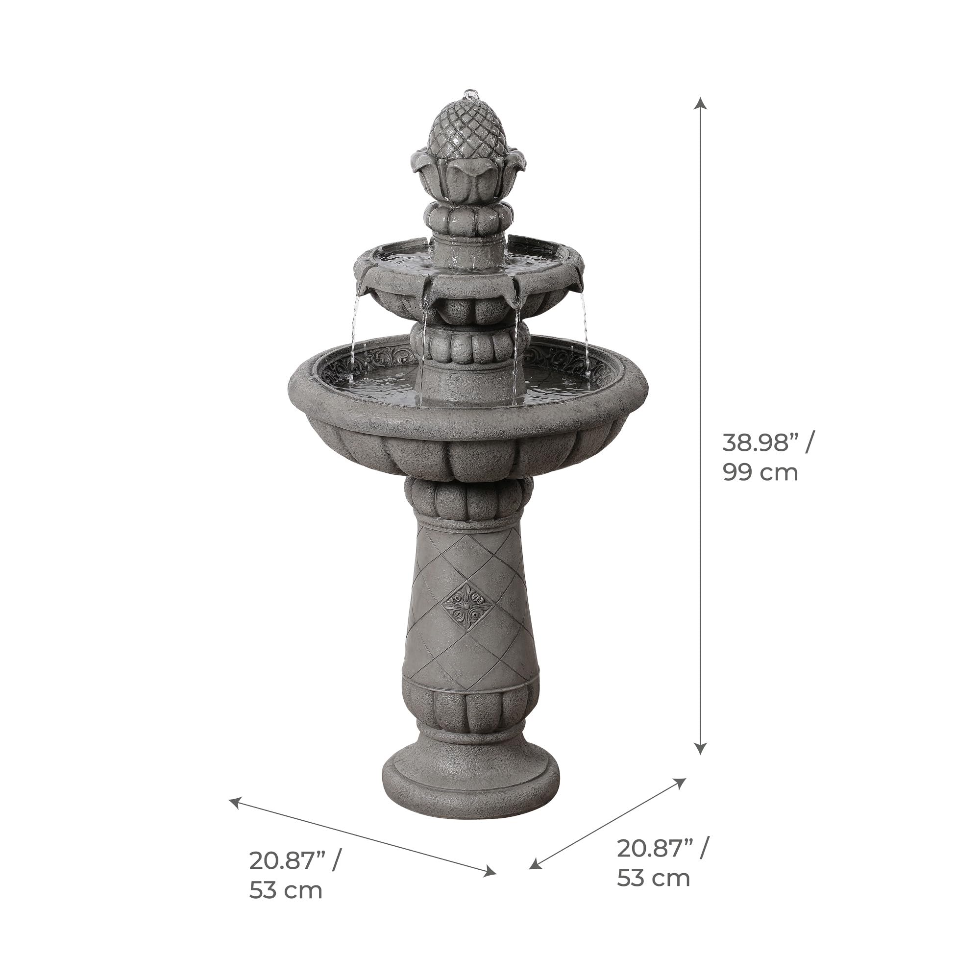 Teamson Home Fontaine Bain d’Oiseaux extérieure 99 cm à 2 Niveaux, Bassin Peu Profond, Finition Pierre Gris Clair, Flux Doux