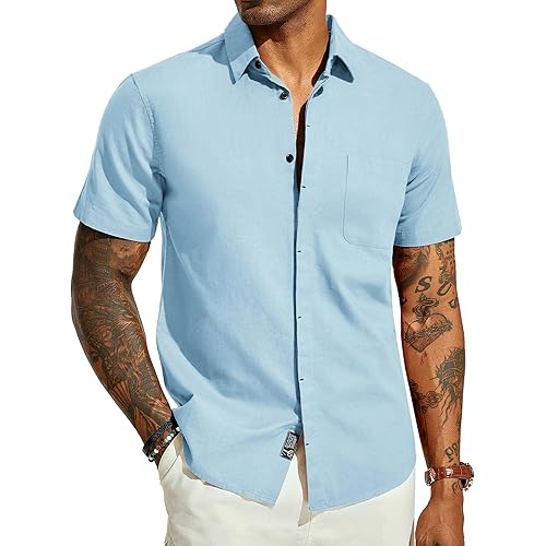 PJ PAUL JONES Men Cotton Linen Shirt Casual Short Sleeve Button Down Shirts Summer Beach Shirt Vacation Shirt with Pocket