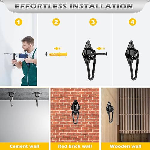 Miniatura 5 de FACULX Juego de 4 ganchos para colgar hamacas, juego de 4 ganchos de ojo de acero inoxidable de alta resistencia de 3600 libras, juego de ganchos a