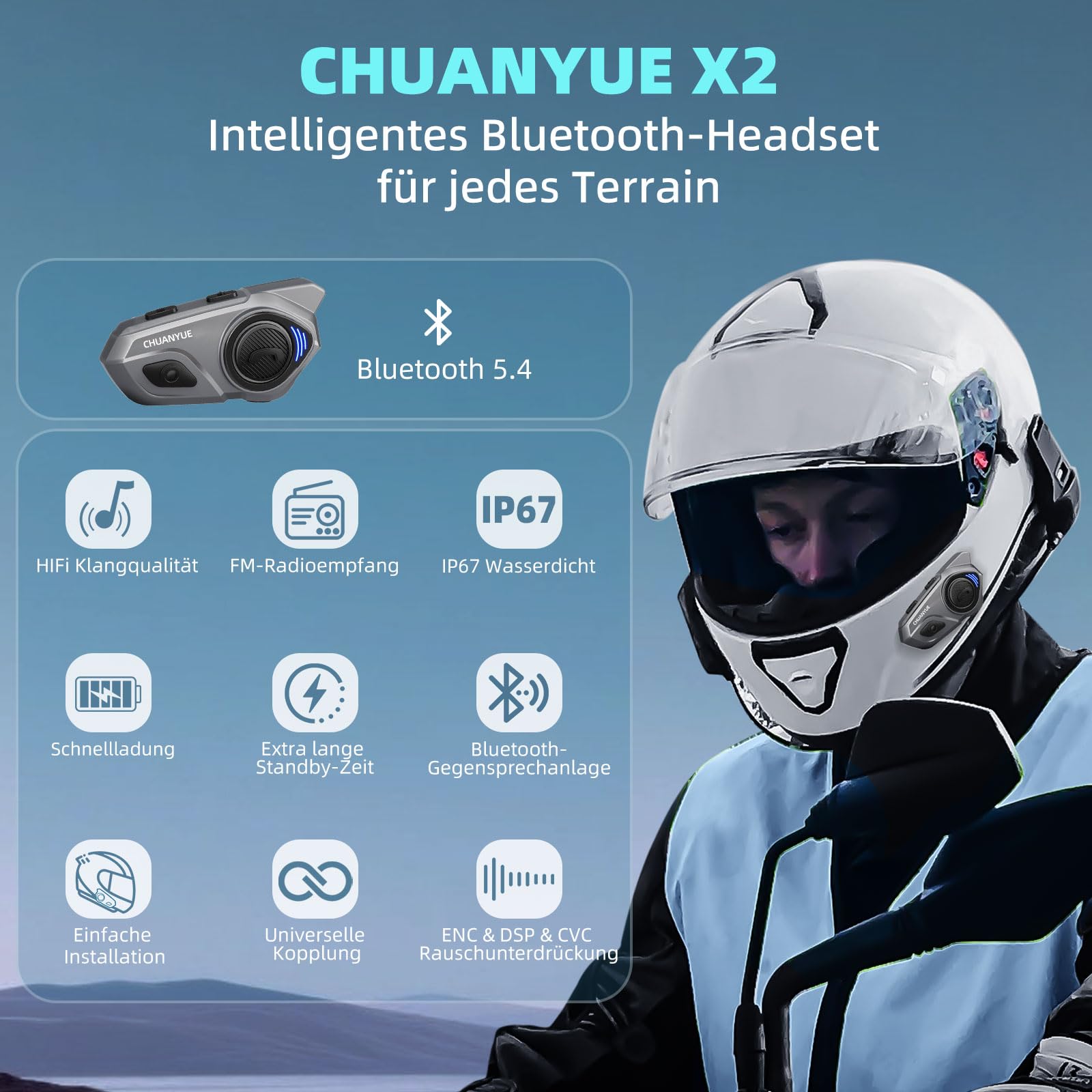 X2 Motorrad Bluetooth Headset, Helm Kommunikationssystem für 2 bis zu 4 Personen in Reichweite von 1200m, Motorradhelm Gegensprechanlage mit HiFi/Musik Teilen/FM/Sprachassistent, Einzelpack