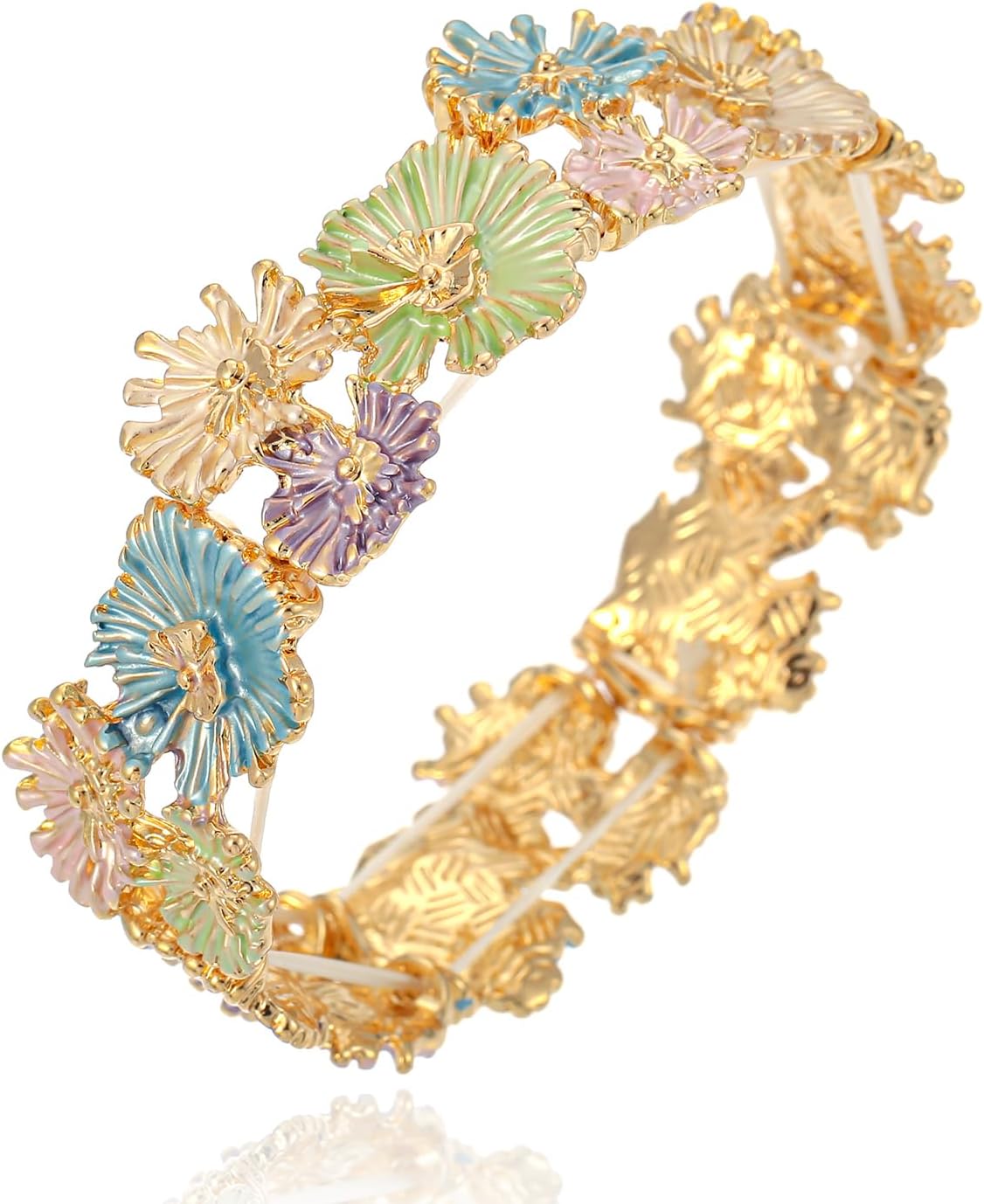 LUREME 3D Enamel Daisy Stretch Bracelet, Lavender Blue & Pastel Floral Cuff, Gold Tone Elastic Bangle, Cute Spring Jewelry Gift for Women(bl003636)