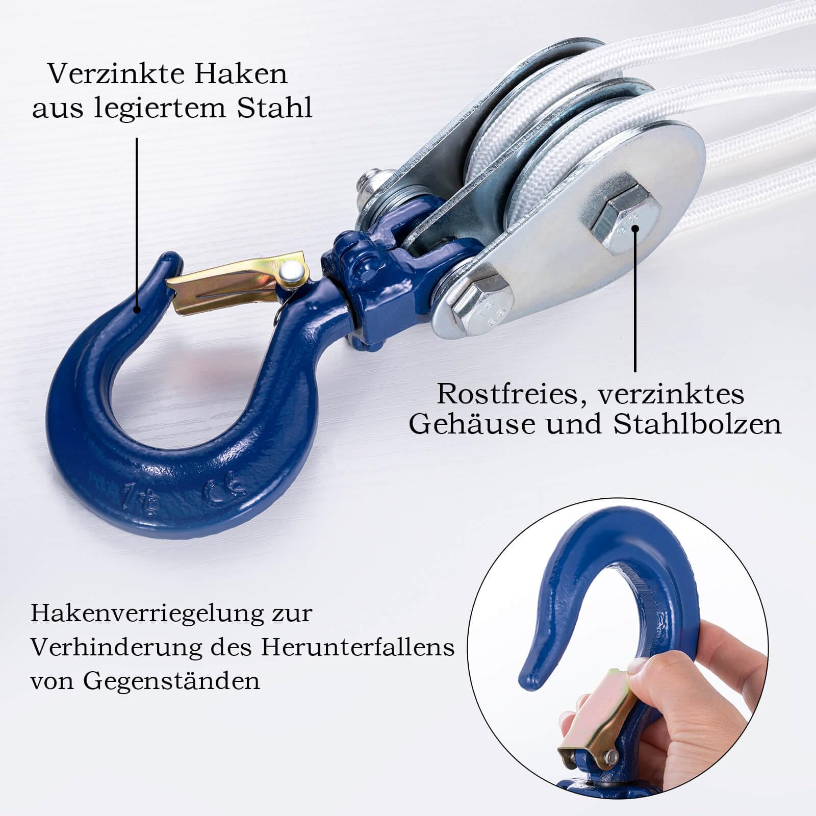 1 Ton Doppelte Umlenkrolle mit Kugellager und Haken, Umlenkrollen für 10mm Seile Stahlseil, für Forst Zubehör Seilzug Seilwinde 2 Stück