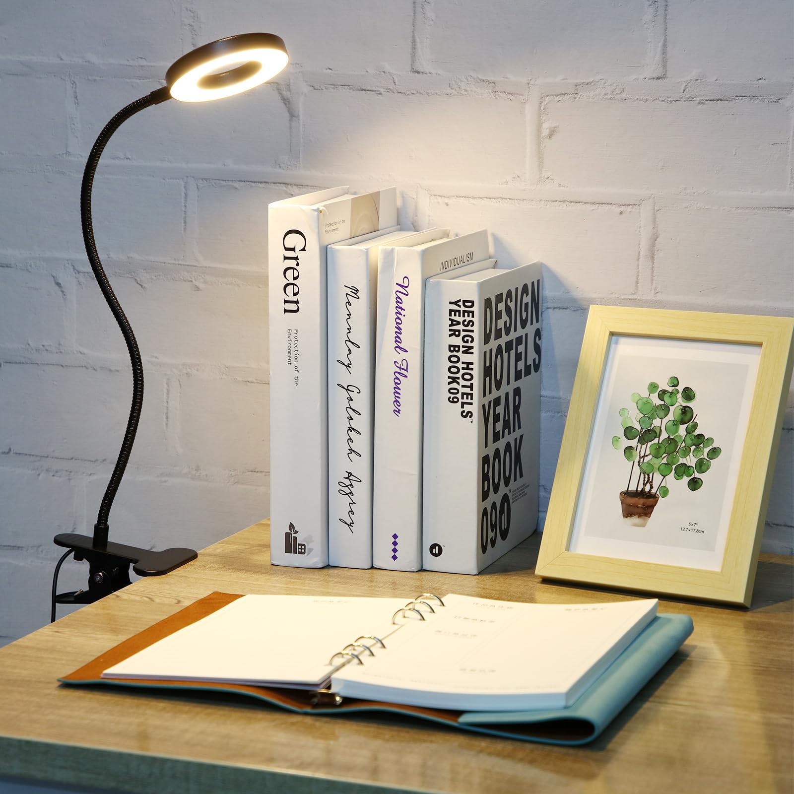 Glooglitter Schreibtischlampe mit Clip, 48 LEDs, USB-Ringlicht mit 3 Farbmodi und 10 Helligkeiten, dimmbar, Augenschutz, Schreibtischleuchte, 360° flexibler Schwanenhals für Schreibtisch, Kopfteil,