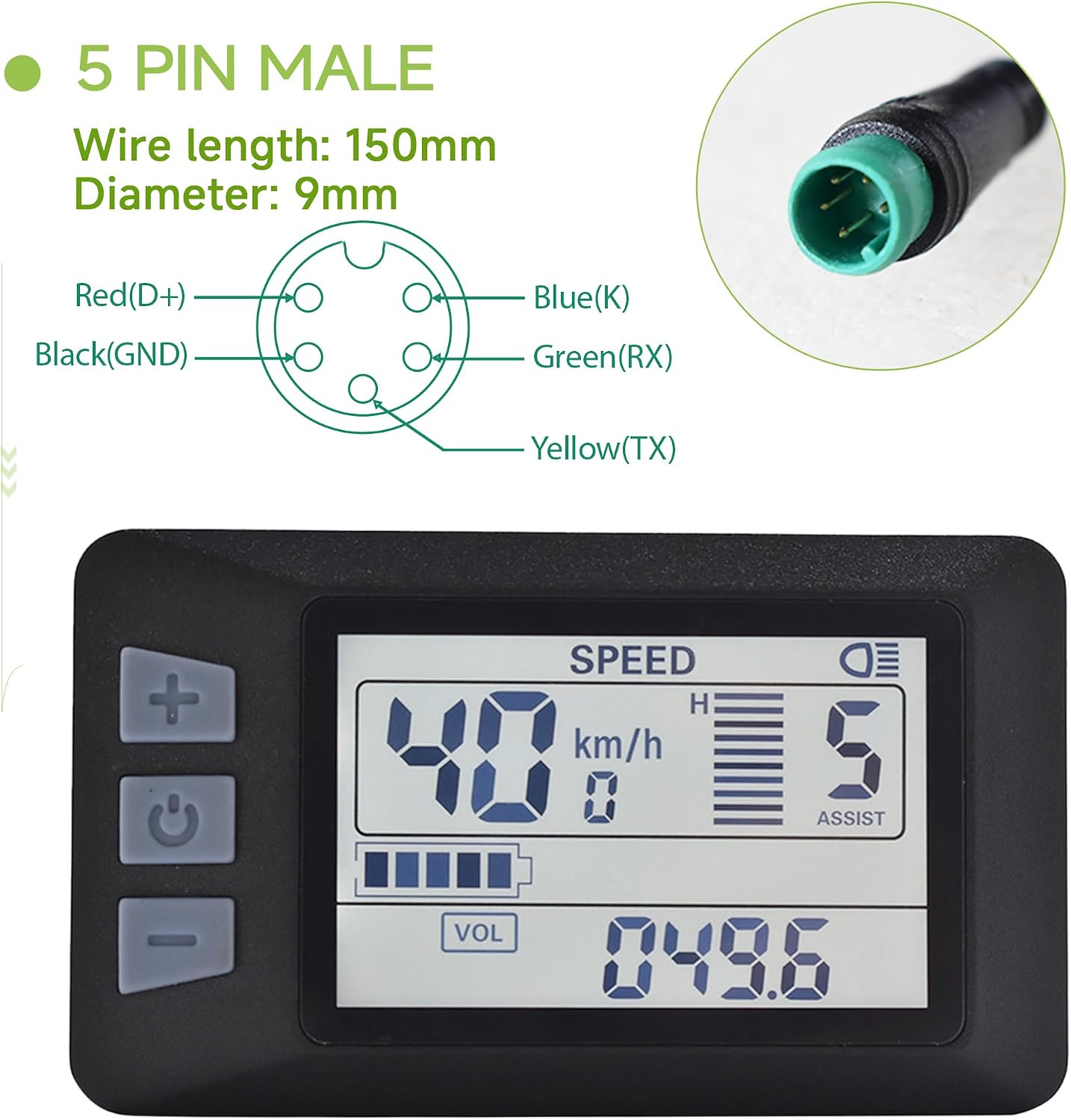 Electric Bike Display P3H, 5/6 Pin LCD Meter,UART 2, USB Charging | Only compatible with UART 2 protocol & 5/6-Pin connector. Fits 24V-60V e-bikes with USB charging. Fits 22.2mm handlebars.