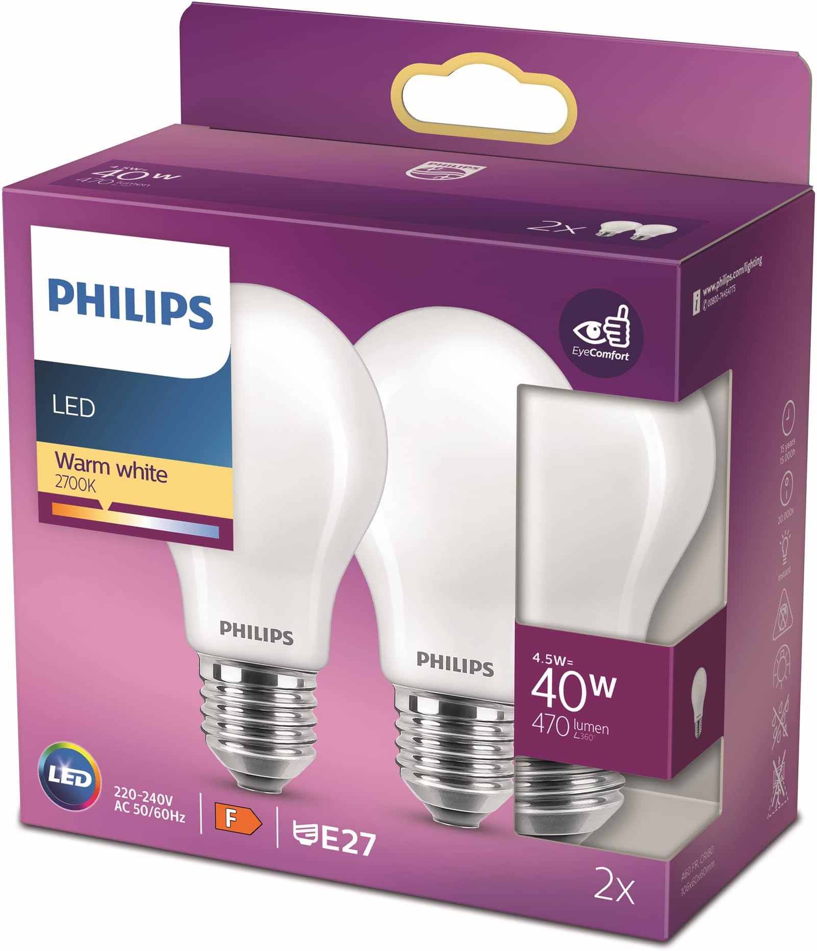 LED Premium Frosted A60 Light Bulb [E27 Edison Screw] 4.5W - 40W Equivalent, Warm White (2700K), Non Dimmable